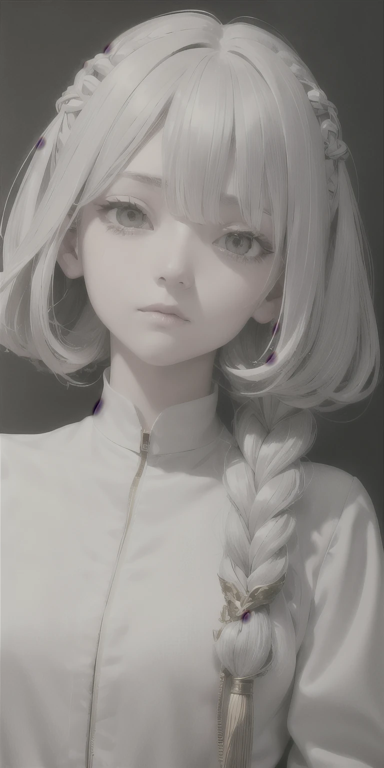 highest quality, masterpiece,Gray Hair, Golden Eyes,White clothes, look up, Upper Body,hair,Fair skin,Side braid
