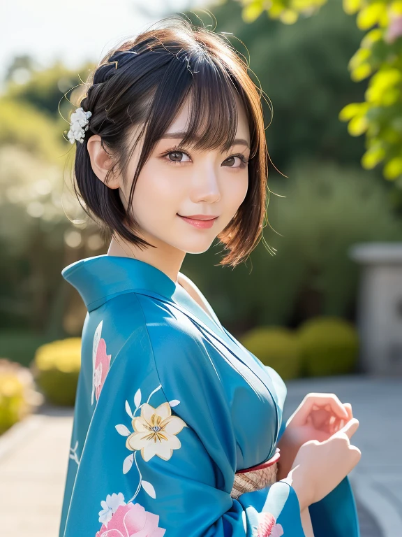 (highest quality:1.5)、(Real:1.5)、(1 person:1.5)、Buckshot、Medium Shot、Looking back pose、(Very detailed)、(High resolution)、8k、Small breasts、Natural color lip、Cute smile、Japanese women、20 year old girl、Thin eyebrows、Beautiful and elegant face、Cute face、Cute eyes、Big eyes、Big Eyes、Fair skin、Beautiful and elegant face、Natural Bangs、Beautiful and thin nose、 Beautiful Skin、Medium Bob Hair、Natural Bangs、Perfect and beautiful facial features、Slim face and figure、(With a cute expression)、(Bright lighting)、Professional Lighting、(Lighting from the front)、Adorable smile、cute、Beautiful shoulders、Simple Background、Outdoor、Poses that show off your beautiful back、振袖付きkimono、振袖付きcutekimono、(cutekimono)、(cutekimono)、Beautiful shoulders甲骨、Upper Body、美しい和柄のkimono、cute和柄の帯、kimono、