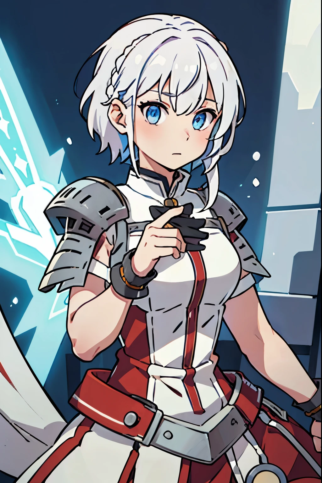 Large medieval kingdom in the background, old mature woman, white hair, beautiful eyes, cyan eyes, blue eyes, bright eyes, 26 years old, medieval armor, light armor, red armor, Mystical armor, Golden details on the armor, elsword style armor, Neutral face, cowboy shot, from below angle, high resolution:1.2, best quality, master part, daylight, Reflection of lens, upper body shot, serious expression, looking at the viewer