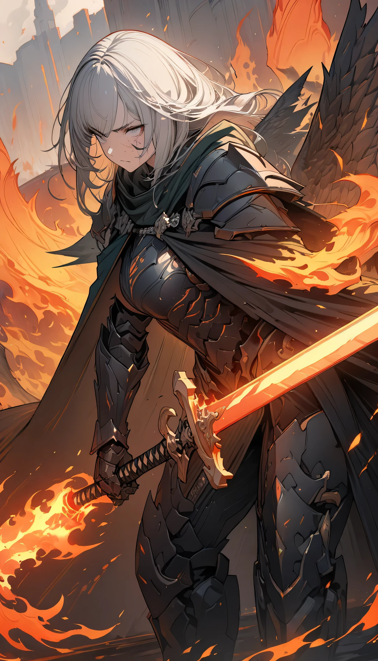 ((Ultra-fine illustrations, 8k, masterpiece :1.2, Sharp focus :1.2, Depth of written boundary:1.2)), Beautiful female swordsman, Disorganized, Highly detailed face and skin texture, Silver Hair, Jet Black Armor, Flame Armor, Cloak on Fire, Flaming Sword, Wings of Fire, Determination to overcome sadness, There&#39;s a sign of determination in your gentle eyes , Strong Soul、Full Body Shot