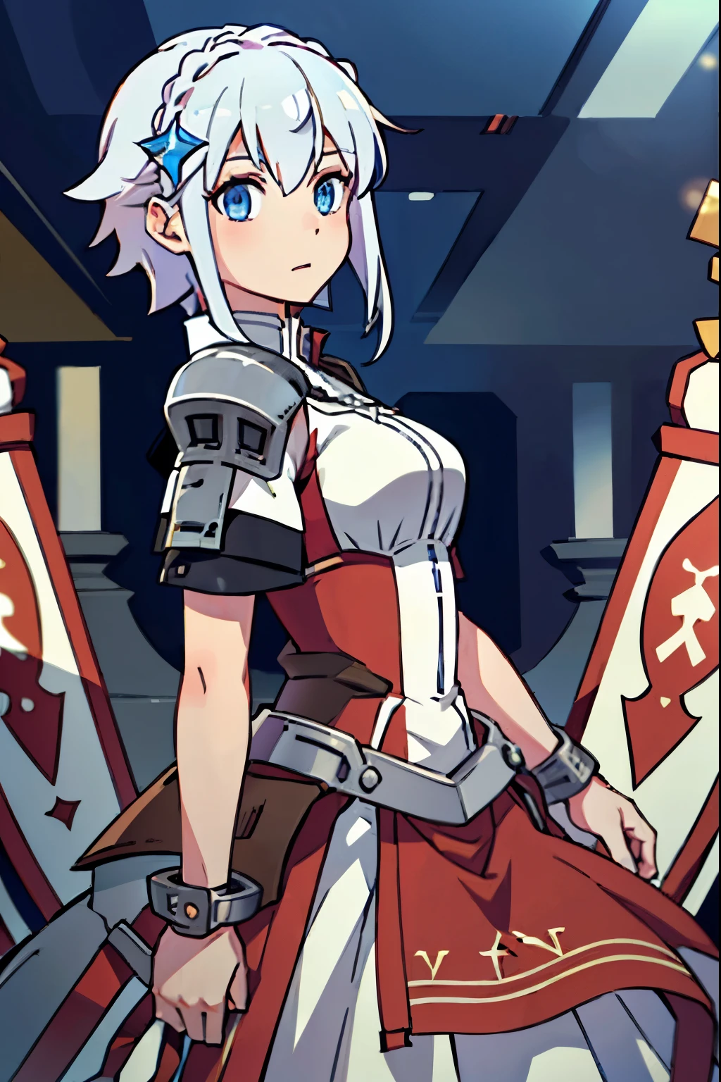 Large medieval kingdom in the background, old mature woman, white hair, beautiful eyes, cyan eyes, blue eyes, bright eyes, 26 years old, medieval armor, light armor, red armor, Mystical armor, Golden details on the armor, elsword style armor, Neutral face, cowboy shot, from below angle, high resolution:1.2, best quality, master part, daylight, Reflection of lens, upper body shot, serious expression, looking at the viewer
