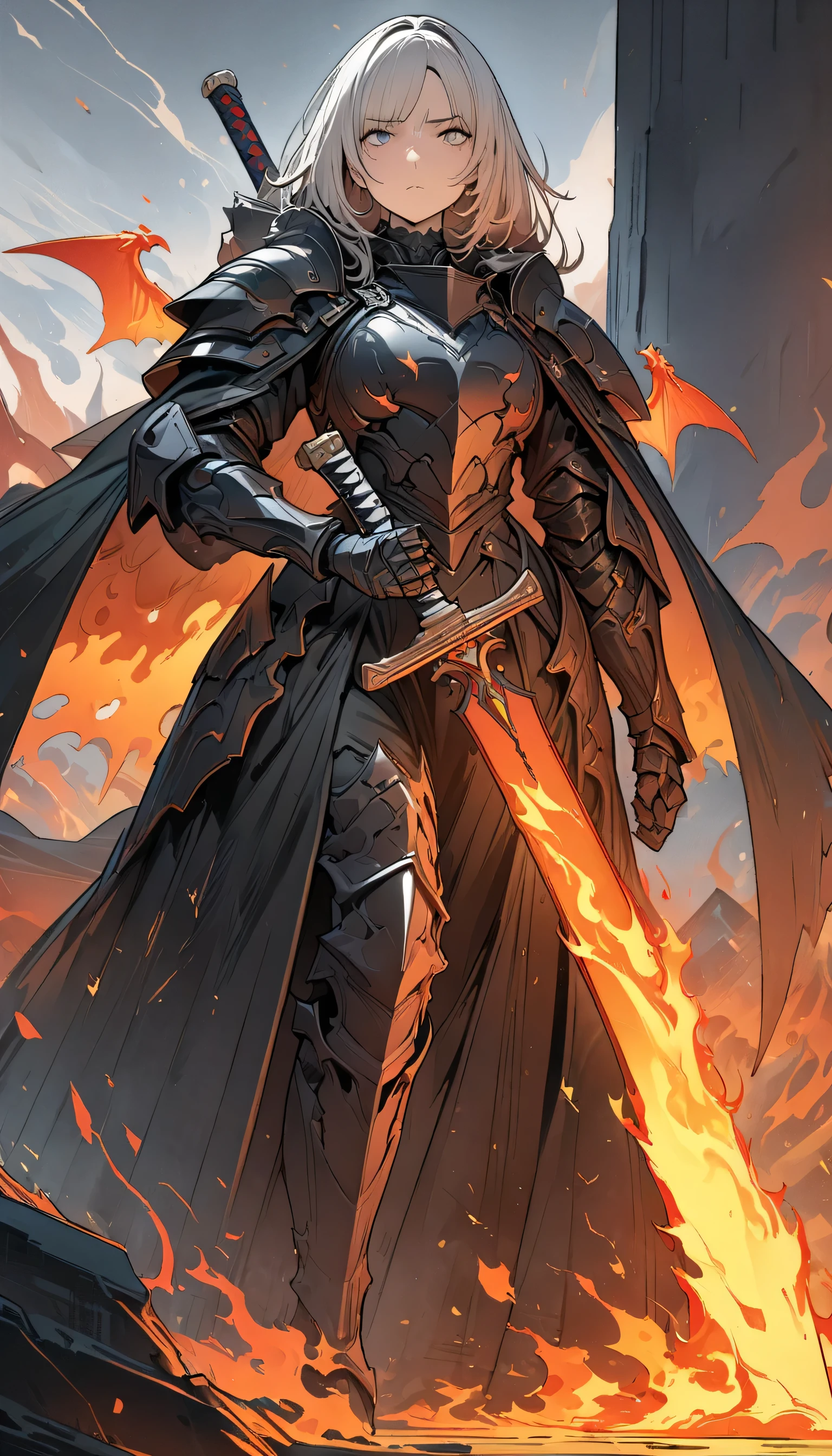 ((Ultra-fine illustrations, 8k, masterpiece :1.2, Sharp focus :1.2, Depth of written boundary:1.2)), Beautiful female swordsman, Disorganized, Highly detailed face and skin texture, Silver Hair, Jet Black Armor, Flame Armor, Cloak on Fire, Flaming Sword, Wings of Fire, Determination to overcome sadness, There's a sign of determination in your gentle eyes , Strong Soul、Full Body Shot