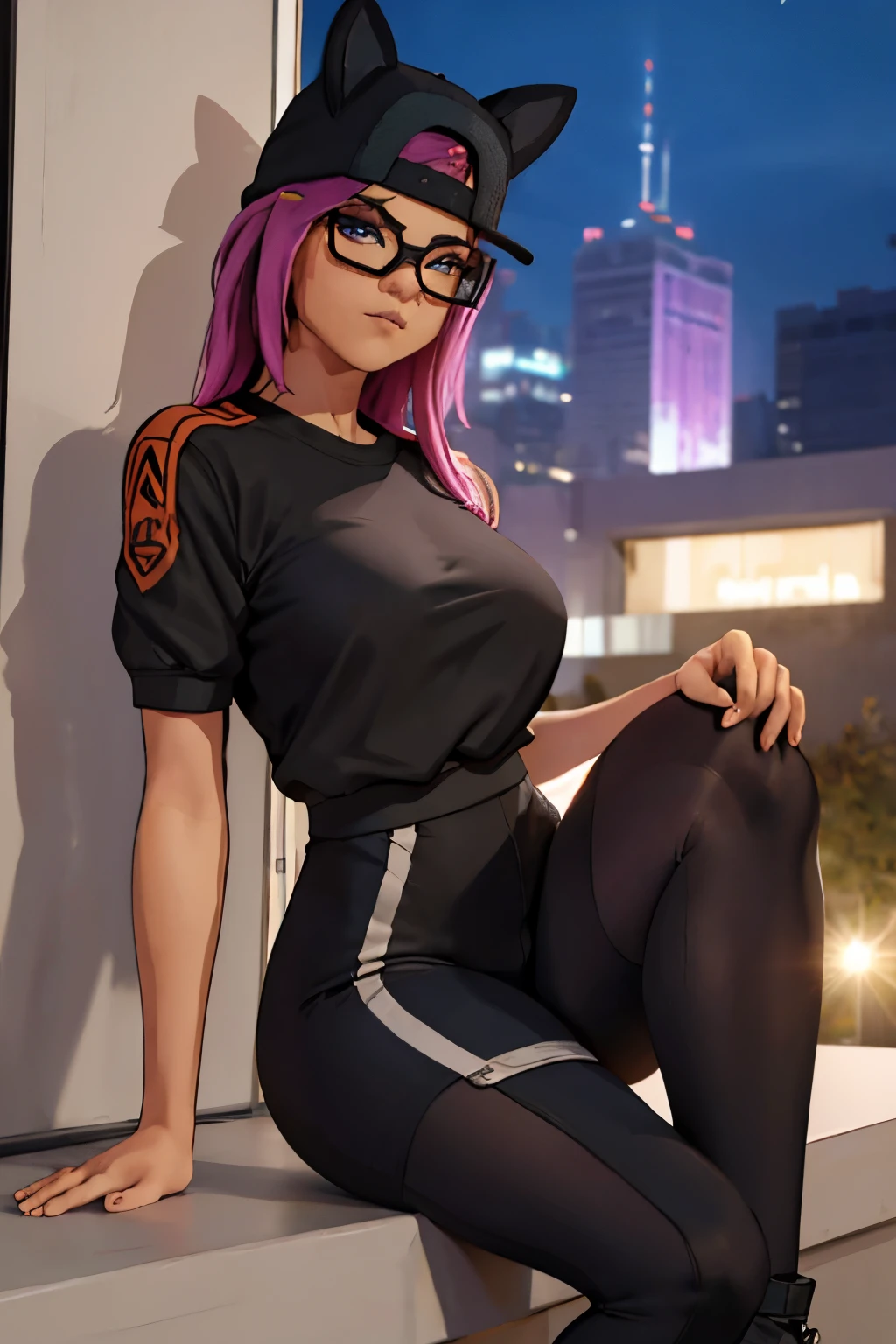 lince sentada en el borde de una ventana noche, leggins negro, gorra ,playera negra, chaqueta azul , feet ,Extremadamente detallado, rostro detallado, gafas ,hermoso rostro, ojos finos, mirando al espectador, pose femenino