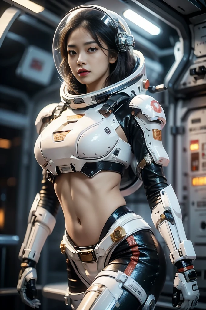 arafed woman wear bikini space suit standing in front of a space station,space girl. Sexy bikini space suit, Bare belly, The abdomen is open, diaphragm,Stomach,High Detail Skin, Realistic skin details, Visible pores, sharp focus, SLR camera, Photorealism, photography, ((8k, Raw, masterpiece: 1.4)), (Professional photography, sharp:1.2), ((Portrait Photography)), Perfect dynamic composition, (Natural sunlight), (Soft shadows), (Perfect body:1.4), Ultra-detailed faces and skin, Perfect Asian, White skin, (Delicate skin:1.3), (Perfect glowing skin:0.6), beautiful eyes, Round eyes, Pretty Face, blush, Glossy lips, High nose bridge, Shining eyes, Perfectly proportioned face, The skin is really moisturized, Exquisite expression, looking at camera, Ultra-high resolution (Reality: 1.4), space_helmet,space_Sky ,masterpiece,best quality,official art, Extremely detailed CG Unity 8K wallpaper,Very detailed,absurd,8k resolution