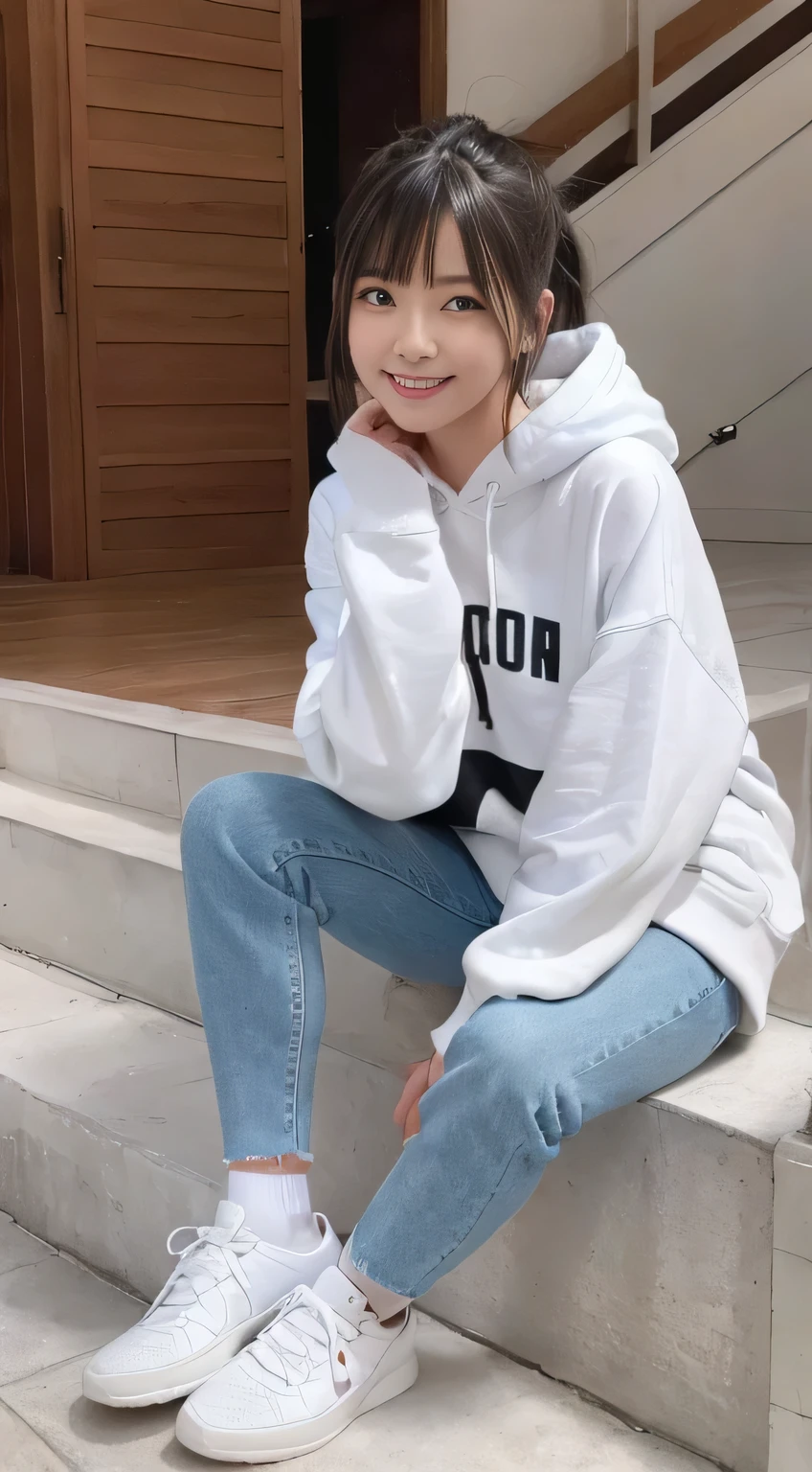 highest quality, Realistic, Very detailed, Finer details, High resolution, 8k wallpaper, One beautiful woman,Sit on the stairs、（Wear black socks）smile、（Beautiful teeth alignment、）（Gums are visible） Oversized hoodie, Skinny jeans,（ Black sneakers）、Black Hair、 Beautiful Bangs、ear piercing、Perfect dynamic composition, Beautiful and detailed, Full Body Shot, A big smile

