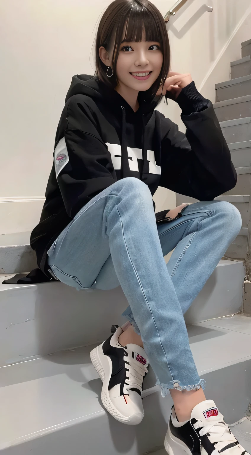 highest quality, Realistic, Very detailed, Finer details, High resolution, 8k wallpaper, One beautiful woman,Sit on the stairs、(Wear black socks)smile、(Beautiful teeth alignment、)(Gums are visible) Oversized hoodie, Skinny jeans,( Black sneakers)、Black Hair、 Beautiful Bangs、ear piercing、Perfect dynamic composition, Beautiful and detailed, Full Body Shot, A big smile
