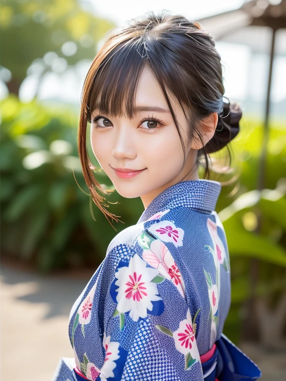 (highest quality:1.5)、(Real:1.5)、(1 person:1.5)、Buckshot、Medium Shot、Looking back pose、(Very detailed)、(High resolution)、8k、Small breasts、Natural color lip、Cute smile、Japanese women、20 year old girl、Thin eyebrows、Beautiful and elegant face、Cute face、Cute eyes、Big eyes、Big Eyes、Fair skin、Beautiful and elegant face、Natural Bangs、Beautiful and thin nose、 Beautiful Skin、Medium Bob Hair、Natural Bangs、Perfect and beautiful facial features、Slim face and figure、（With a cute expression）、（Bright lighting）、Professional Lighting、（Lighting from the front）、Adorable smile、cute、Beautiful shoulders、Simple Background、Outdoor、Poses that show off your beautiful back、振袖付きkimono、振袖付きcutekimono、(cutekimono)、(cutekimono)、Beautiful shoulders甲骨、Upper Body、美しい和柄のkimono、cute和柄の帯、kimono、