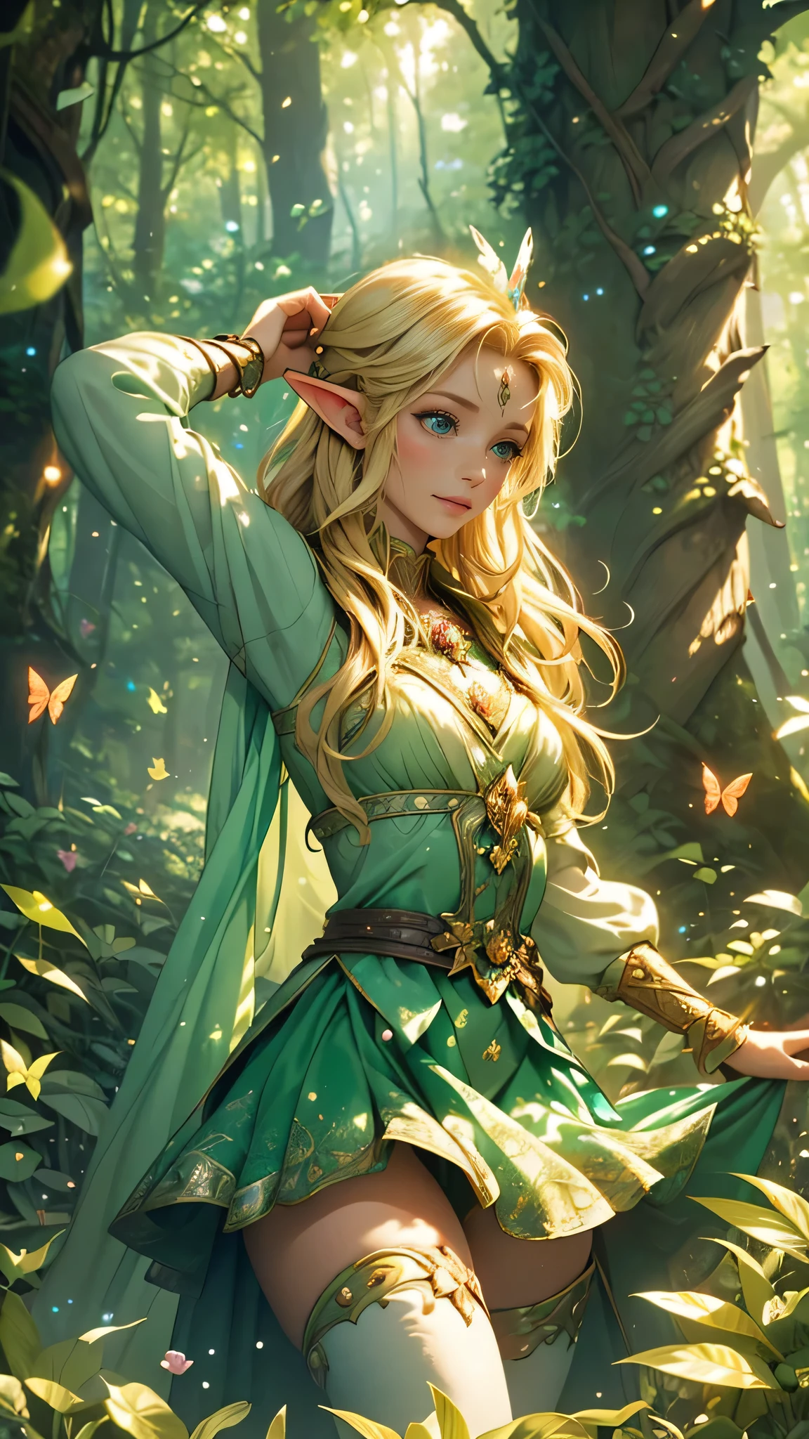 elf girl,blonde hair,green garment,fantasy atmosphere,forest background,enchanted forest,mysterious,dreamy,ethereal,green leaves,glowing mushrooms,magical creatures,fireflies,dappled sunlight,serene expression,nature inspired,soft lighting,vibrant colors,whimsical,gentle breeze,dancing shadows,mystical aura,butterflies,quiet solitude,fairytale setting,translucent wings,magical forest realm,illusionary,magical powers,magical glow,graceful movements,playful,adventurous spirit,magical adventure,innocent beauty,enchanted surroundings,immersed in nature,dream-like quality