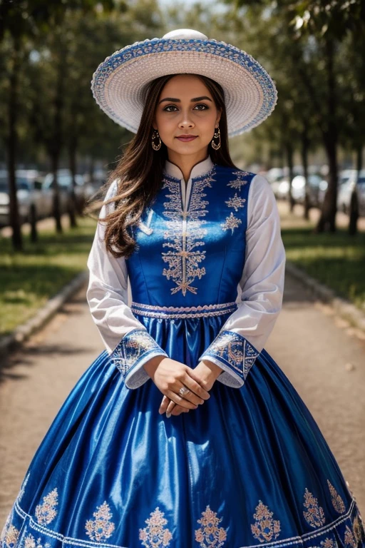 Un primer plano de una mujer con un vestido azul y blanco y sombrero, disfraz con detalles en azul, disfraz tradicional, vistiendo un traje adornado, folklorico, olga buzova, Traje ruso, ropa tradicional, anastasia ovchinnikova, ropa tradicional de color azul, Alina Ivánchenko, vestido tradicional, Traje nacional ucraniano, una mujer joven como genghis khan.
