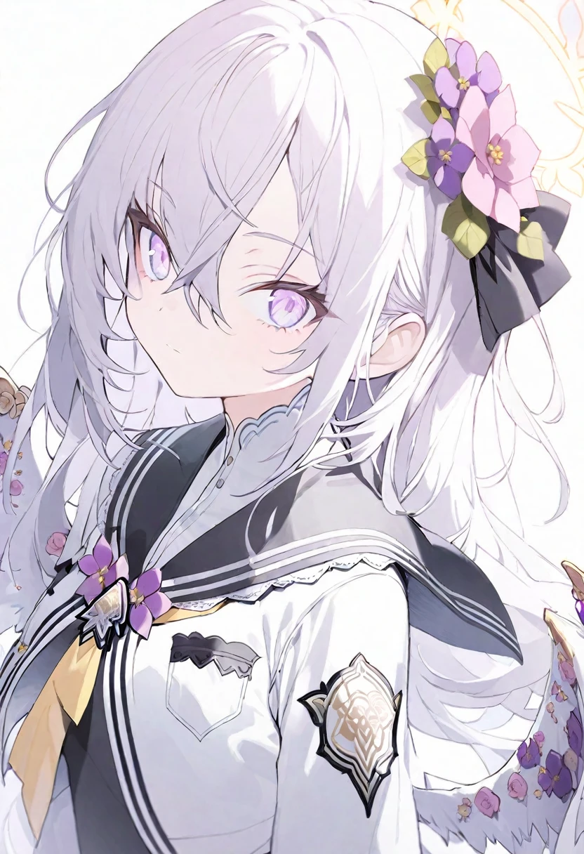 azusa \(blue archive\),1girl ascot black_dress black_sailor_collar closed_mouth dress dutch_angle feathered_wings flower grey_hair hair_between_eyes halo hand_up jacket long_hair long_sleeves looking_at_viewer pink_flower pink_rose puffy_long_sleeves puffy_sleeves purple_eyes purple_flower rose sailor_collar shirt simple_background solo very_long_hair white_background white_jacket white_shirt white_wings wings yellow_ascot