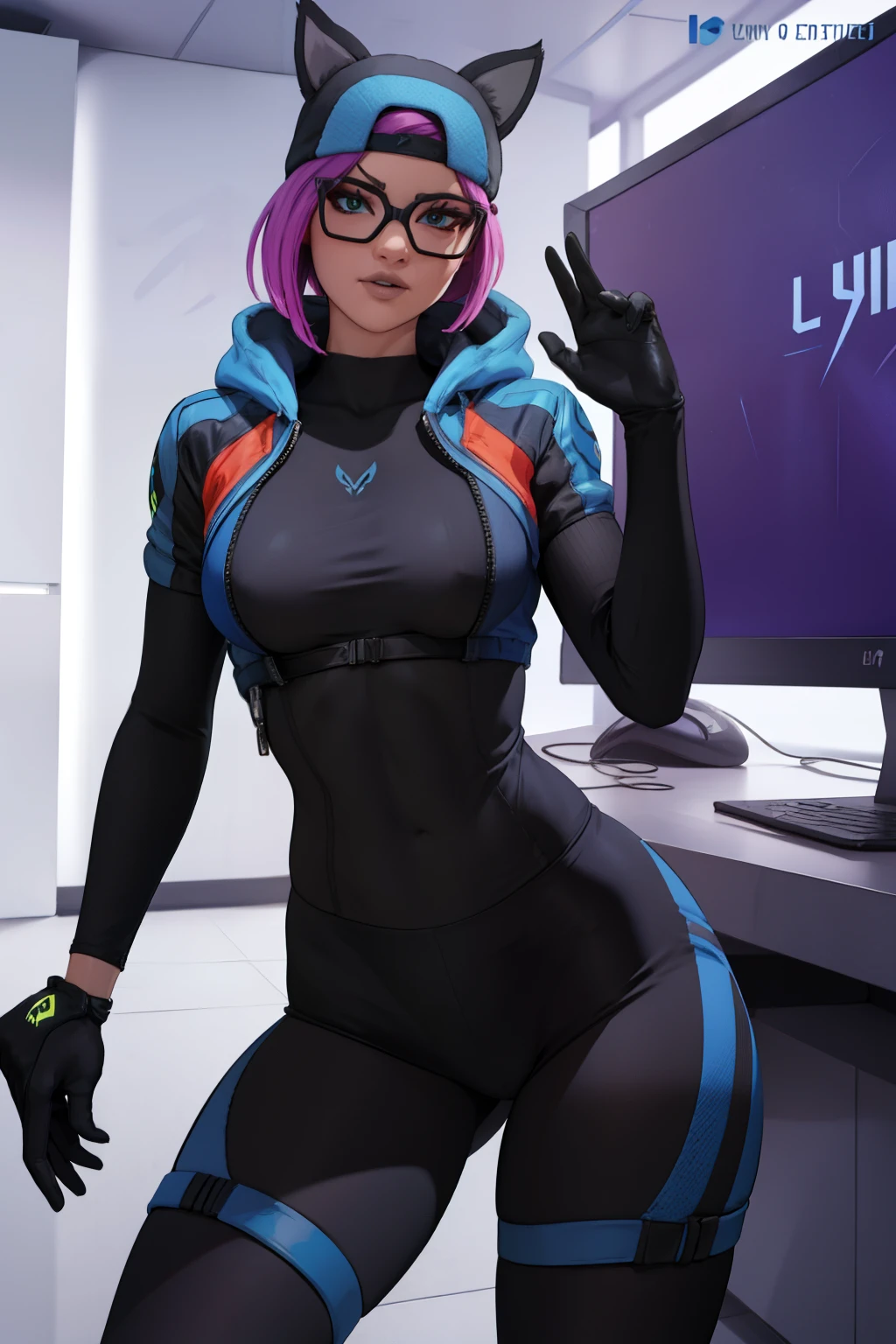 Gaming Zone Lynx Negro guantes sin dedos, leggins black and blue, gafas