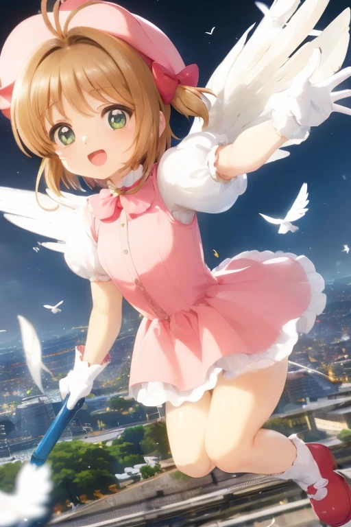 Masseter muscle area, highest quality, 超A high resolution, highest quality, Anime Style, Best lighting, Beautiful Face, kinomoto sakura, One Girl, Light brown hair, short hair, Antenna Hair, Pink hat, Green Eyes, Frills, Pink Dress, Puff short sleeves, White gloves, Red Bow, White knee-highs, Kero-chan, There are small white feathers on the back, (Flying over the city:1.5)