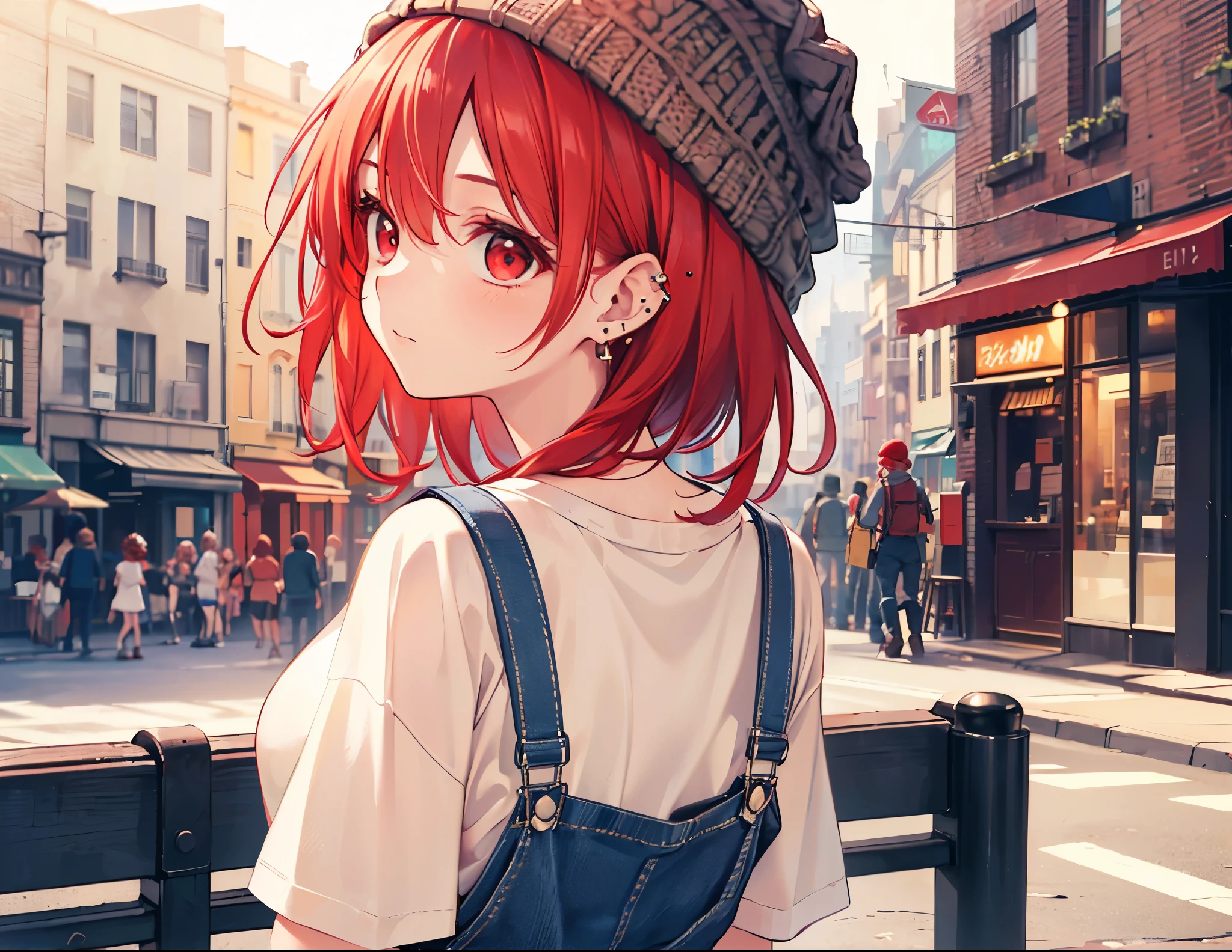 Realistic,highest quality, Ultra Detail, High-quality CG rendering, The most delicate and beautiful, Floating softly, High resolution, (1 girl), (Highest quality,4K,8K,masterpiece:1.2),(All red hair:1.5), (Medium Hair:1.5),(Red eyes:1.5),(Slightly larger breasts:1.2), (Beige overalls:1.3),(Pure white inner T-shirt:1.3),(Black boots:1.3)、(Brown knit hat:1.3)、Piercing in left ear,In the city,old buildings,(Turn your back to your audience:1.3),Ass,(Upper Body:1.3)