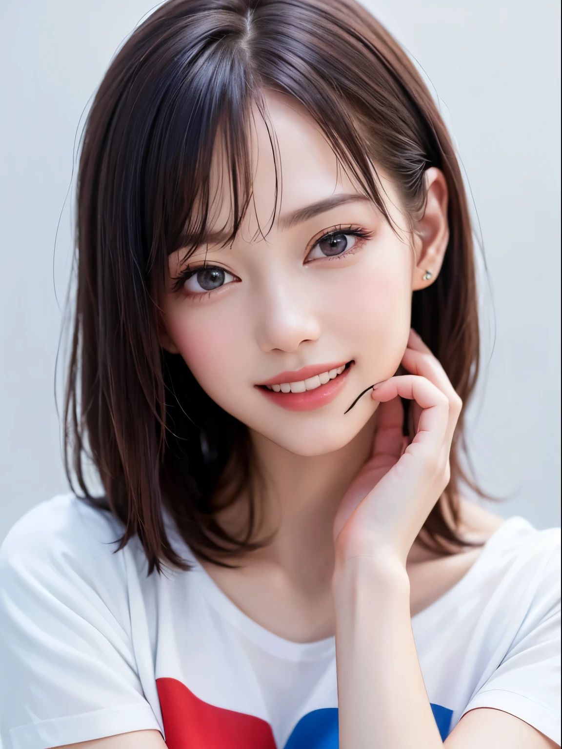 (highest quality、8k、32k、masterpiece)、(RAW Photos)、(Realisticな)、(High resolution)、Very detailedな、Very beautiful face and eyes、One Girl、Round and small face、Delicate body、(close、highest quality、Rich skin detail、highest quality、8k)、Very detailed、(Realistic、Realistic:1.37)、Vibrant colors、(((Laughter)))、(((Golden Hair)))、(((Touching my head with my right hand)))、(((Smiling)))、(((Bust Shot)))、(((White Background)))、((Medium Hair))、(((Pure white wall background)))、(((She is wearing a tricolor T-shirt.)))、(((Red and blue clothes)))、(((Pure white wall background)))、