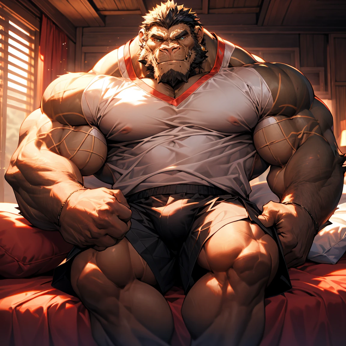 Muscle King Kong,Big bulge， Bodybuilder, Wear a long-sleeved white collar shirt, skirt, shorts, Sleeping in bed, glowing skin, Vibrant colors, 4K resolution, very detailed art, realism, Photographic Lighting, Photographic scenes