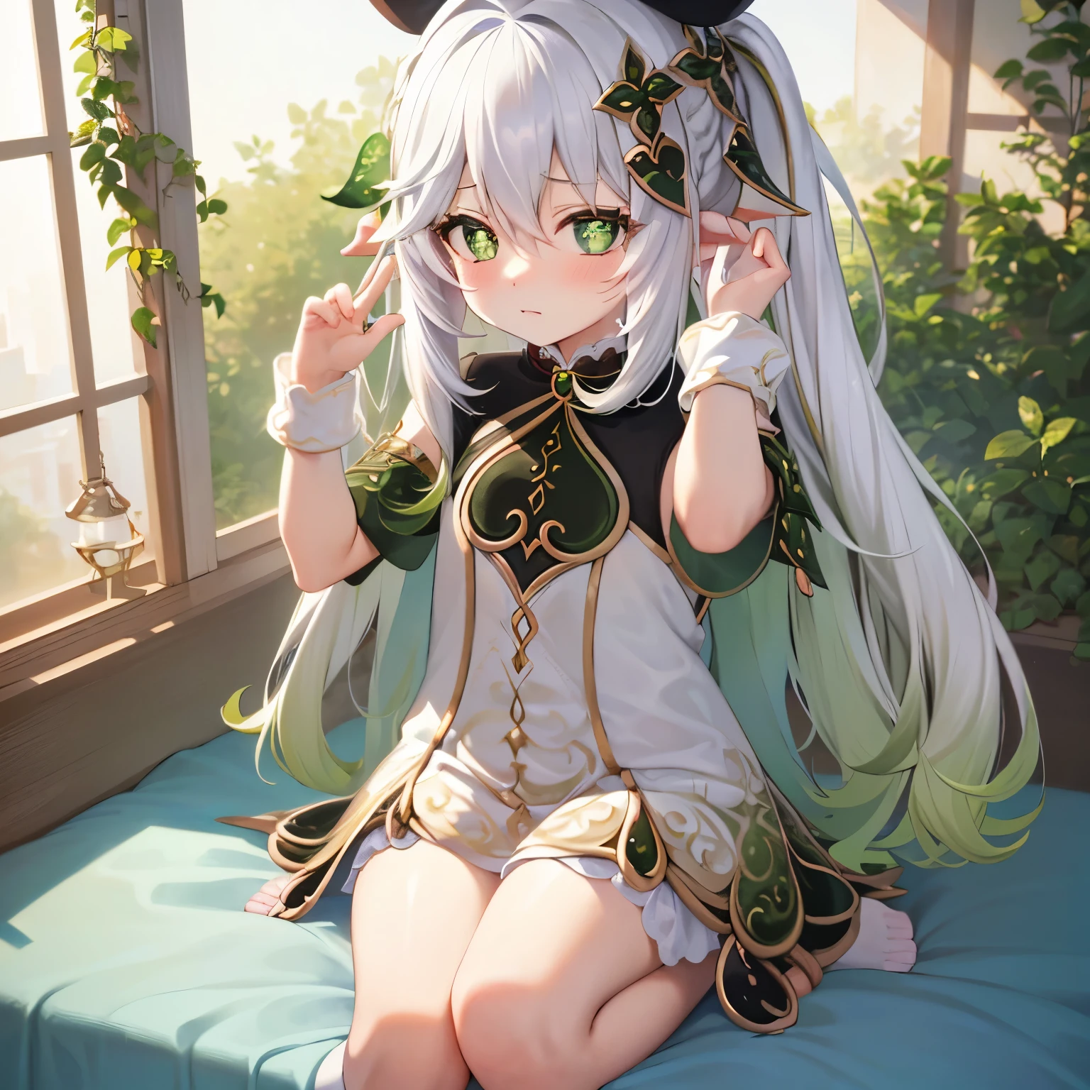 Anime girl sitting on the ground with her legs open, Elf Girl, Charming elven princess, cute anime waifu in a nice dress, elf princess, 8k high quality detailed art, high detail official illustrations, elf queen, anime fantasy artwork, You can see the underpants, beautiful green eyes, High-quality elven ears, elf ears, white colored hair, High-quality fingers,
