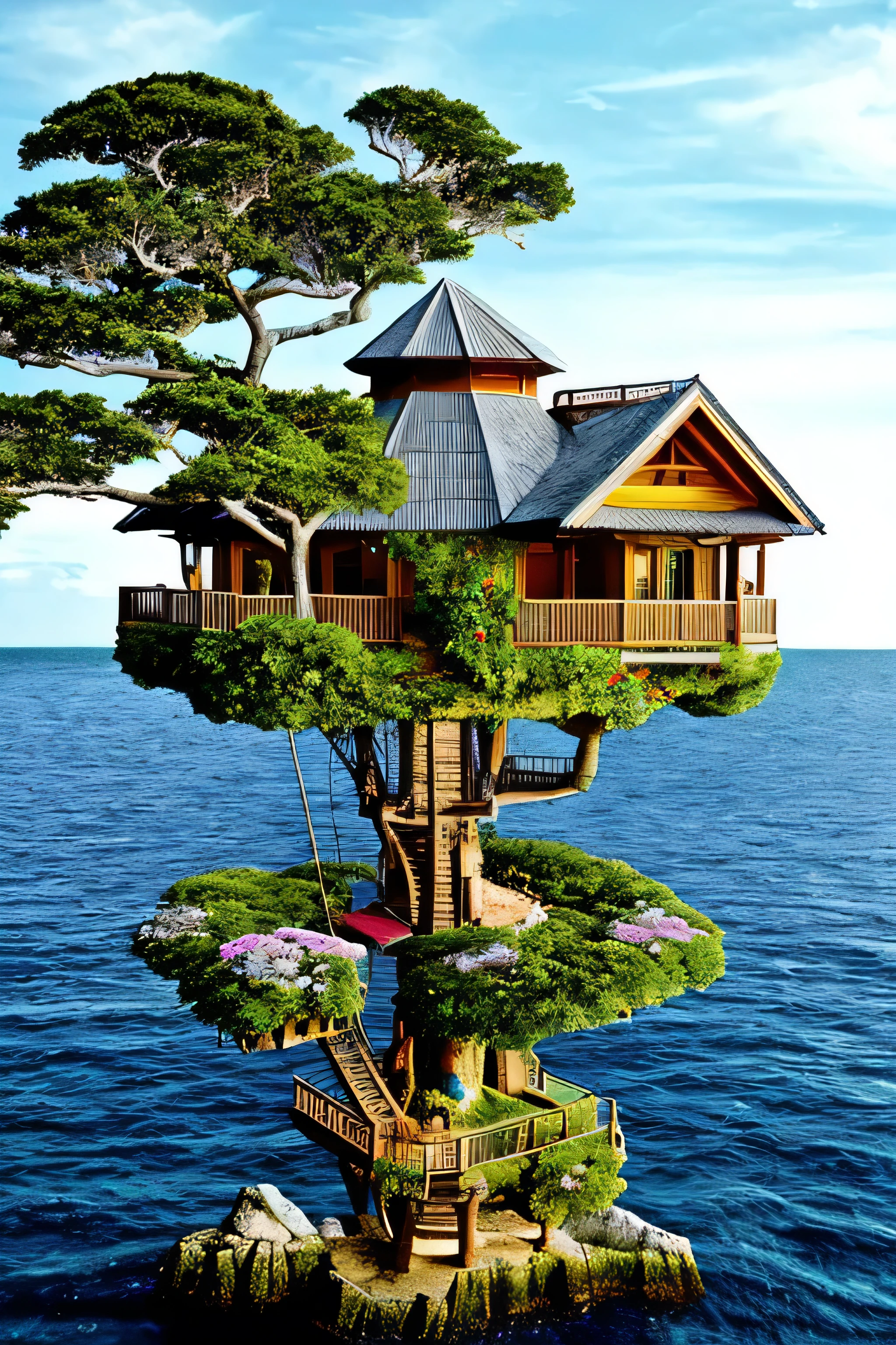 Perfection The Coolest tree house on a large rock in the middle of the sea with flowers in front of the house and trees on both sides of the house