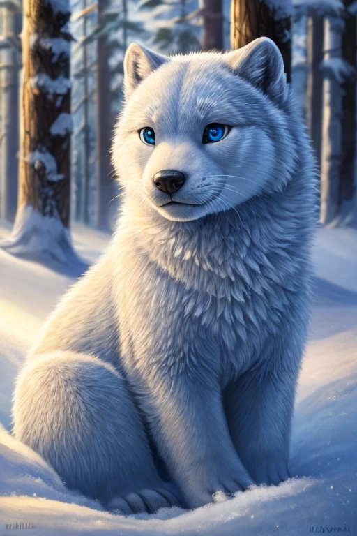 A polar wolf otter/dragon hybrid cub in a snowy landscape, surrounded by pine trees. The cub has mesmerizing ice blue eyes and small, delicate otter-like whiskers. Its fur is pure white with patches of shimmering iridescent scales and silver accents, reflecting the light like an ethereal glow. The cub's paws are webbed, and it has a fluffy tail with a hint of dragon-like spines. It exudes an innocent and playful demeanor, eagerly exploring its surroundings with curiosity. The sunlight shines through the trees, casting a soft golden glow on the cub's fur. The snowy landscape is pristine and untouched, with powdery snow covering the ground. The air is crisp and cold, with a sense of tranquility in the stillness of the winter scene. The color palette consists of cool tones, with shades of blues, silvers, and whites dominating the image. The lighting is soft, creating gentle shadows and highlighting the cub's features. The overall image quality is exceptional, with ultra-detailed fur textures and realistic lighting effects. Masterpiece:1.2, realistic:1.37, highres, vibrant colors, bokeh, snow-covered motif, dreamlike atmosphere.