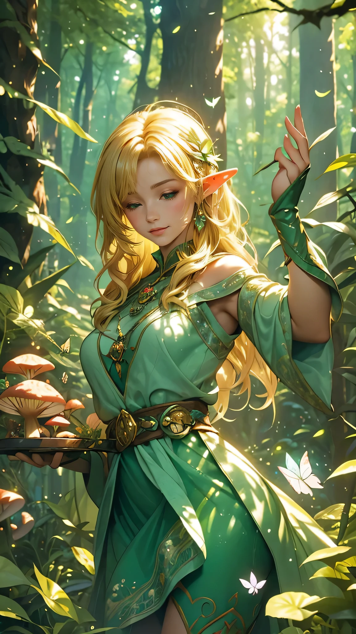 elf girl,blonde hair,green garment,fantasy atmosphere,forest background,enchanted forest,mysterious,dreamy,ethereal,green leaves,glowing mushrooms,magical creatures,fireflies,dappled sunlight,serene expression,nature inspired,soft lighting,vibrant colors,whimsical,gentle breeze,dancing shadows,mystical aura,butterflies,quiet solitude,fairytale setting,translucent wings,magical forest realm,illusionary,magical powers,magical glow,graceful movements,playful,adventurous spirit,magical adventure,innocent beauty,enchanted surroundings,immersed in nature,dream-like quality