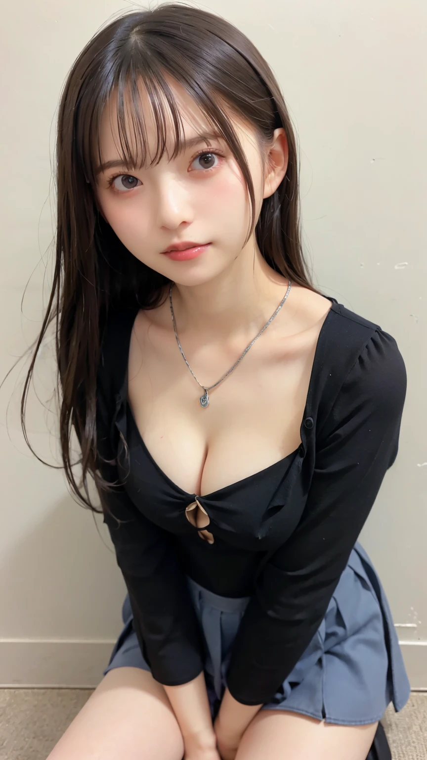 highest quality、8k quality、20-year-old woman covering her breasts with her hands、Blouse with front opening、tight skirt with deep slit、Beautiful thighs、Soft breasts、Looking up at the photographer、Bend on one knee、Shot from the top of the front、Well-groomed, mature face、Beautiful cleavage、Clothes come off when bending over