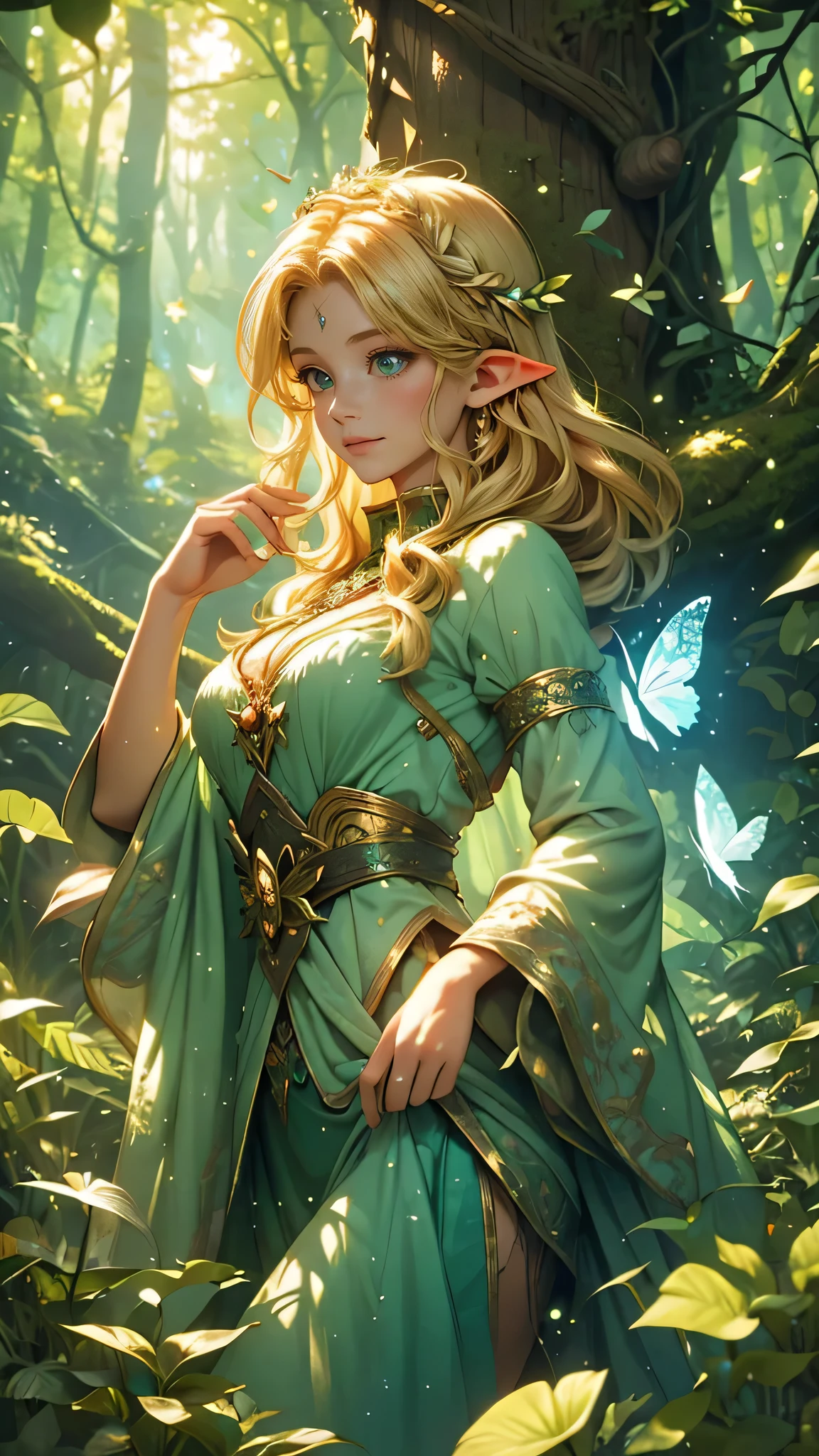 Tauriel, the woodland elf from The Hobbit movie, best quality, ultra-detailed CG unity 8k wallpaper, floating, high resolution, dynamic pose, beautiful face, pale white skin, dark red hair, (green eyes:1.2, yellow hair:1.3, green clothes), depth of field, white forest, golden leaves, magic light), slim body, deep cleavage, tight bust, looking at viewer