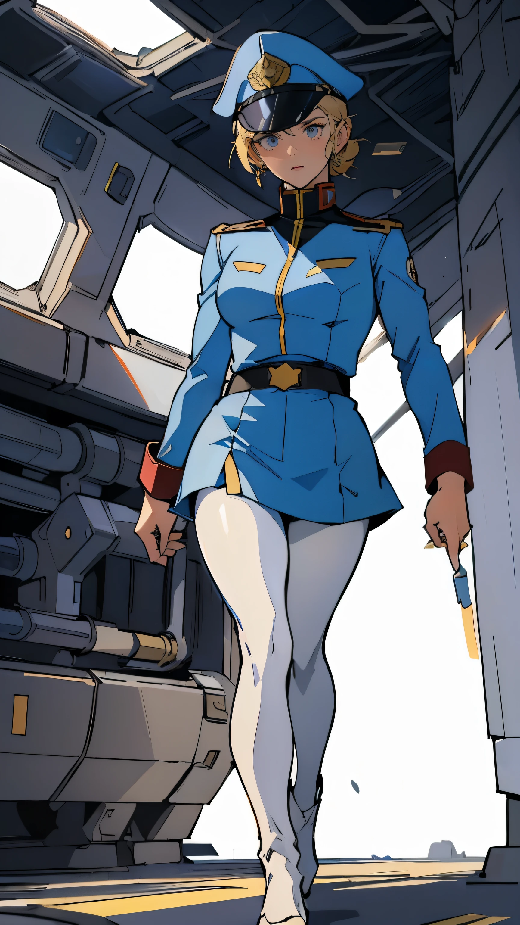 (((masterpiece,highest quality,In 8K,Super detailed,High resolution,anime style,absolutely))),(A female officer of the Earth Federation Forces is walking..:1.5),(alone:1.5), (Wearing a uniform of the Earth Federation Forces:1.5),(wearing an officer hat: 1.5),(Cute type of girl:1.4),(pretty face:1.4),(beautiful hands:1.4),(fine hands:1.2),(wallpaper:1.5),(whole body:1.5),((overlook:1.5)), ((25 year old girl, white tights)), (inside a spaceship), ((long legs))