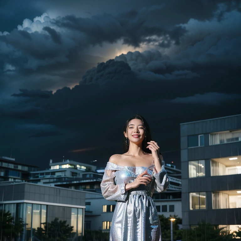 SF、Fantasy、一人のlikeく非常に美しい女性、Transcendent beauty、Ideal body proportions、natural breasts、(Big Breasts)、Legendary magician、like々Beautiful appearance、smile、Elegant and confident、Wearing a stylish holographic dress that combines innovation and tradition、(Flying between buildings:1.4)、(Powerful magic casting)、Dynamic Pose、A cluster of tall modern skyscrapers、(Heavy rain is pouring down from the dark clouds:1.7)、(motion blur effect:1.4)、Strong winds、lightning、Wet body、Wet Hair、Wet clothes stick to the body、Dynamic Angle、Look straight into the camera lens、
