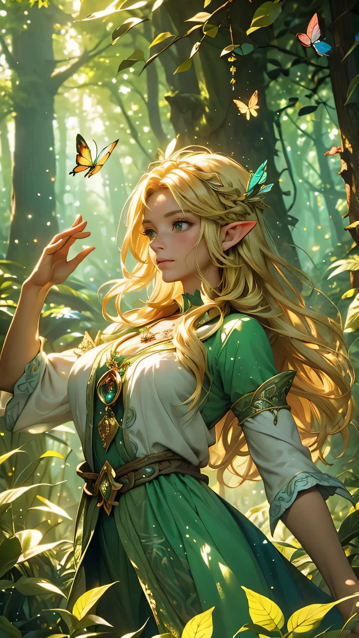 elf girl,blonde hair,green garment,fantasy atmosphere,forest background,enchanted forest,mysterious,dreamy,ethereal,green leaves,glowing mushrooms,magical creatures,fireflies,dappled sunlight,serene expression,nature inspired,soft lighting,vibrant colors,whimsical,gentle breeze,dancing shadows,mystical aura,butterflies,quiet solitude,fairytale setting,translucent wings,magical forest realm,illusionary,magical powers,magical glow,graceful movements,playful,adventurous spirit,magical adventure,innocent beauty,enchanted surroundings,immersed in nature,dream-like quality