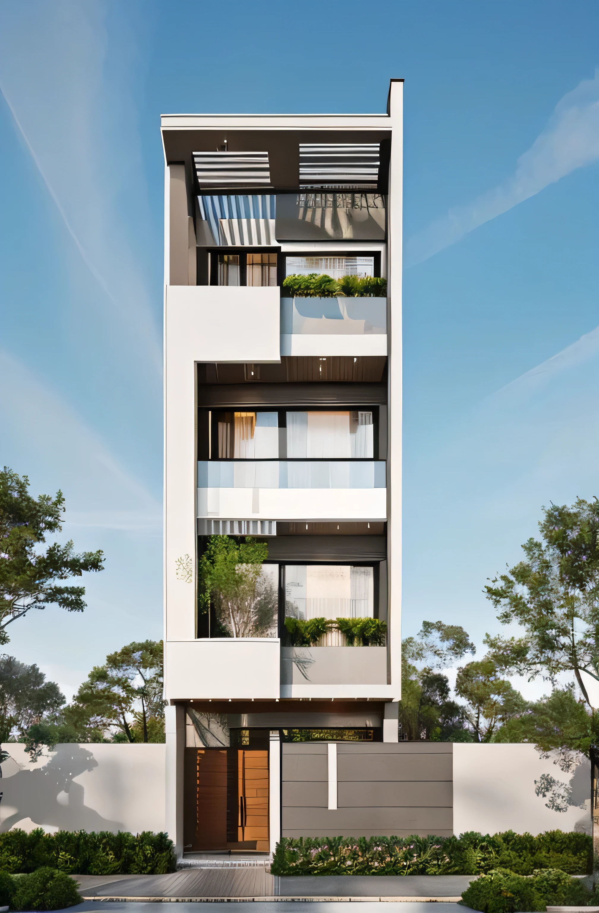 a modern townhouse, trees around, light gray sky, glass, modern style, high quality