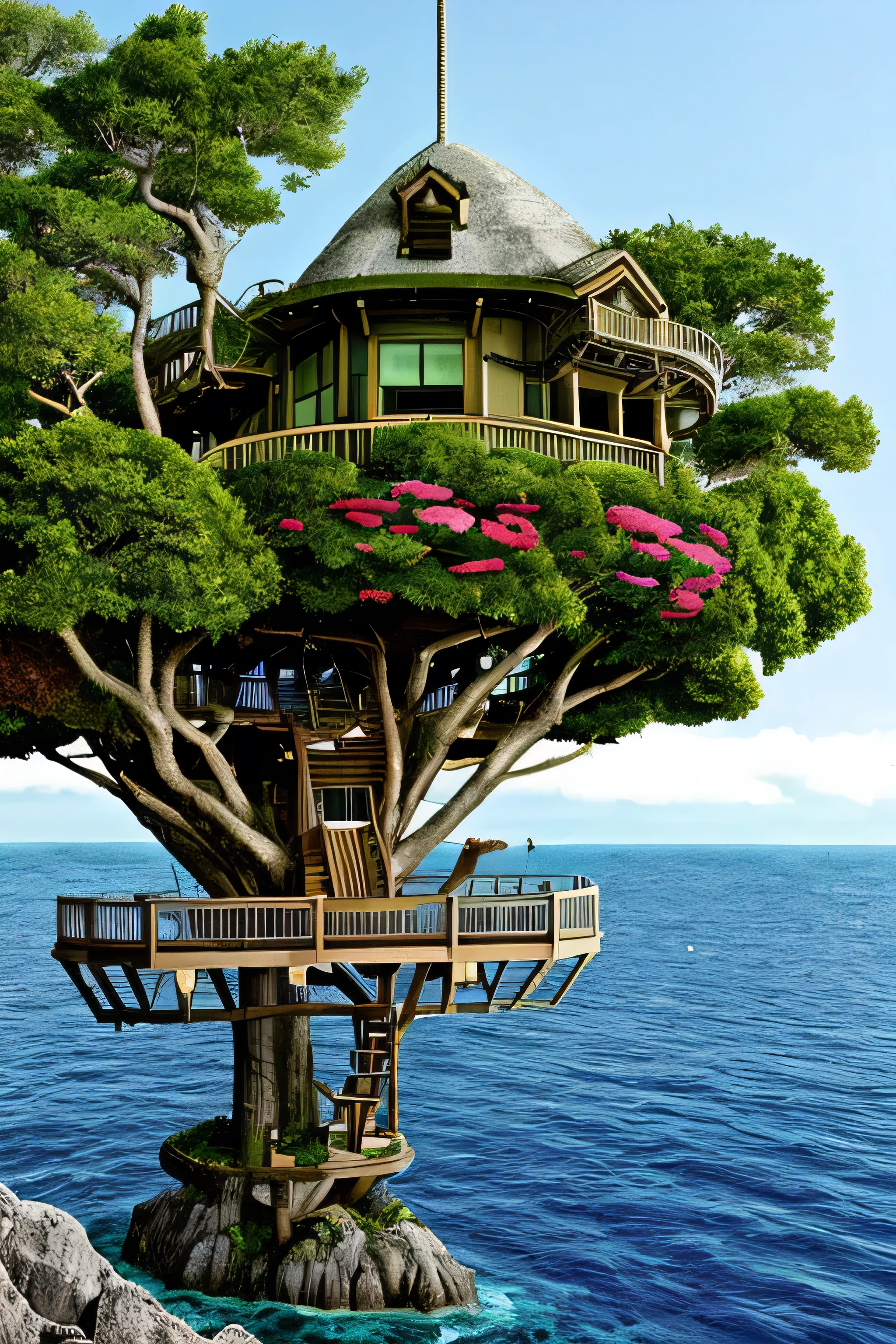 Perfection The Coolest tree house on a large rock in the middle of the sea with flowers in front of the house and trees on both sides of the house
