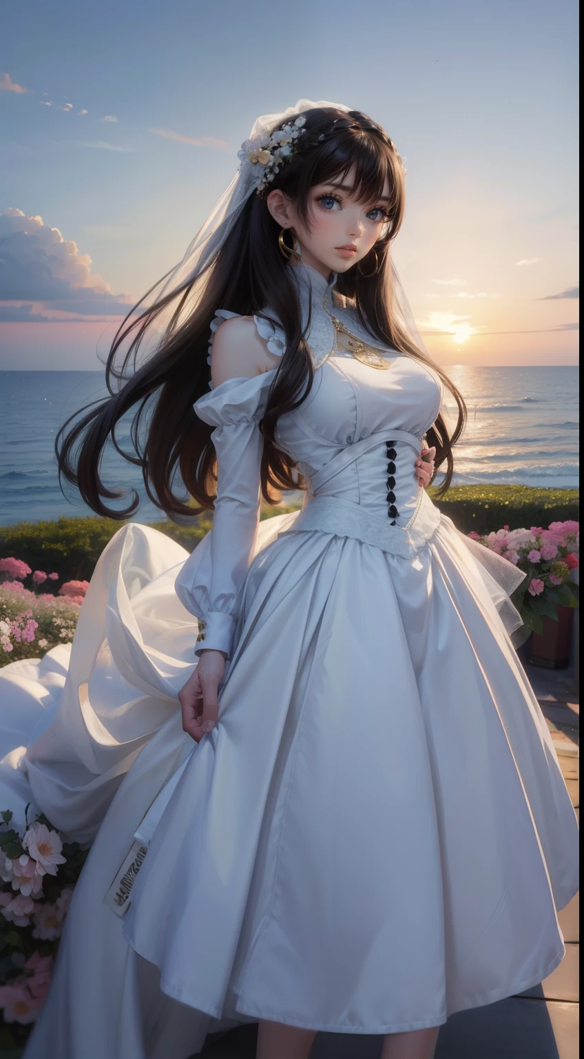 Beach,Black Hair,Straight hair,Random Hairstyles、Lumine | genshin impact, master-piece, bestquality, 1girls,25 years old, proportional body, proportional., Wedding Dresses, White Wedding Dress, Long skirt, wedding, mediuml breasts, ,bara, Standing in the middle of a flower garden, outdoor, wedding, The sky is beautiful, Both hands hold a bouquet of flowers............, View viewers from the front., Thigh strap, Head tilt, bored, 10, 10, HD, slight smile, Super high quality,masterpiece,super high quality,Ultra-high resolution,Best image quality,Top-class,最high quality,Highest Resolution,high quality,beautiful,beautiful,high quality,Genuine texture,Genuine,8k,Detailed,Two-dimensional beautiful girl