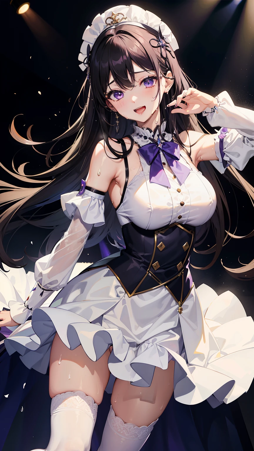 highest quality、High resolution、Detailed Description. Perfect limbs、Slender beauty、Straight hair、Black Hair、,White and purple idol costume、Dark purple panties、White knee-high socks、Beautiful big breasts、sing、Dancing、Big smile、((Sweat:1.2)). Live Stage,The white spotlight shines on her。