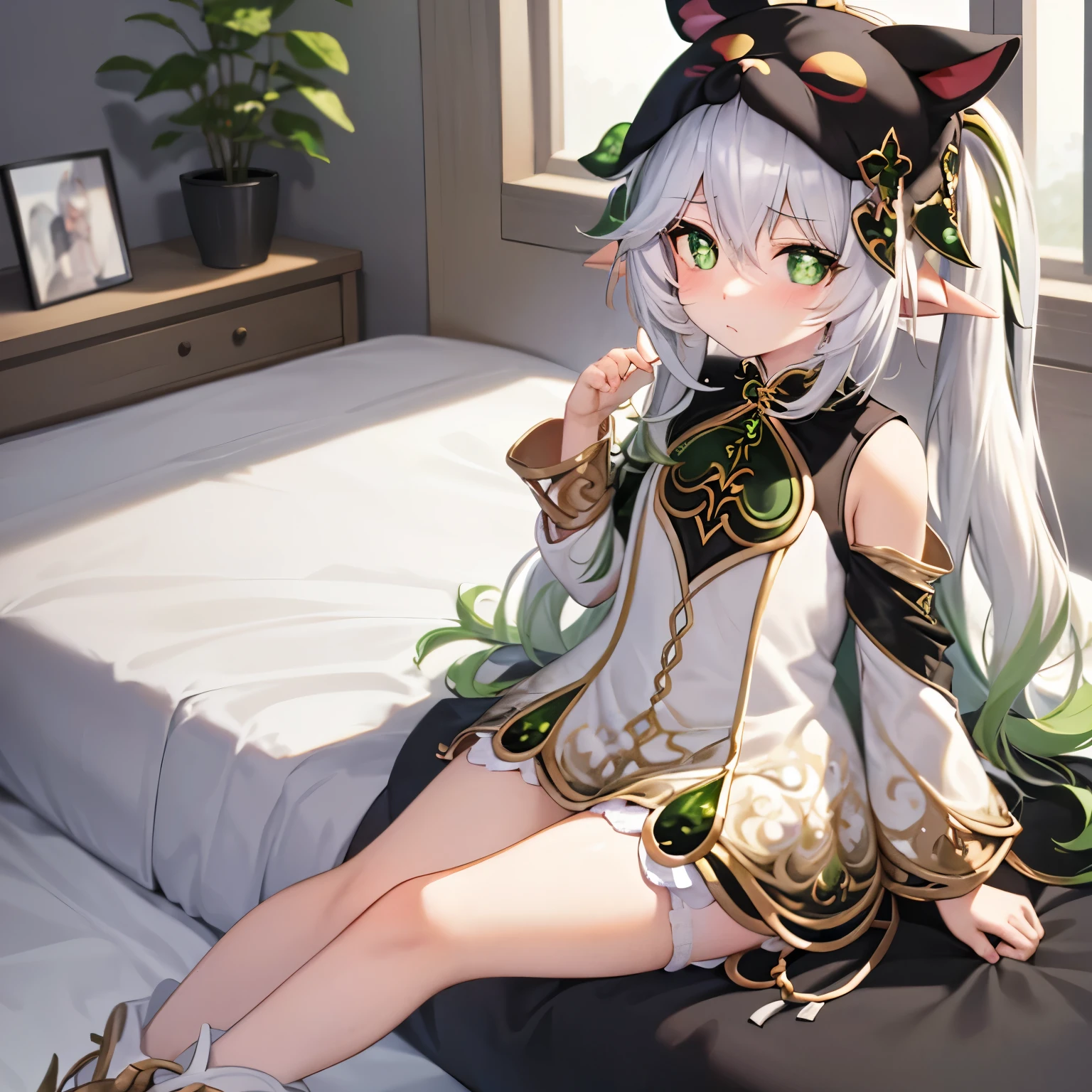 , solo, height 1.2 meters, medium hair, (white hair, (alternate hair color:1.331), black hair:1.2), (sleepy:1.2), (rubbing eyes:1.3), light blush, (kigurumi:1.331), flat chest, bedroom, sitting on the bed,wariza