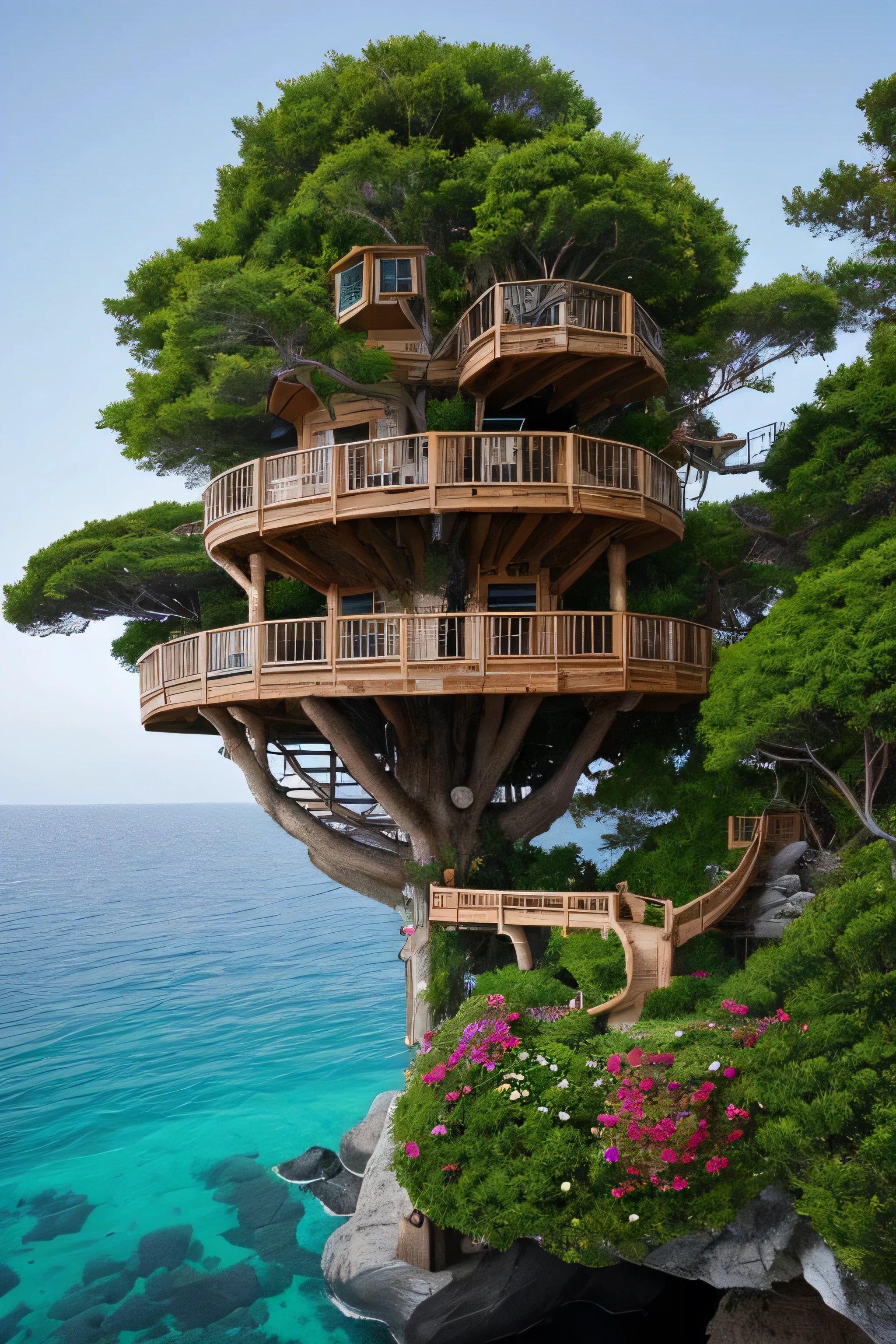 Perfection The Coolest tree house on a large rock in the middle of the sea with flowers in front of the house and trees on both sides of the house
