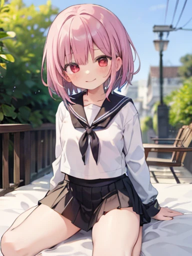 masterpiece, highest quality, 1 girl, alone, Sailor suit,mini skirt, Outdoor, Red eyes,smile, blush,Black Bob,On a pink bed,Sexy Face,Cheeky Smirk,mischief