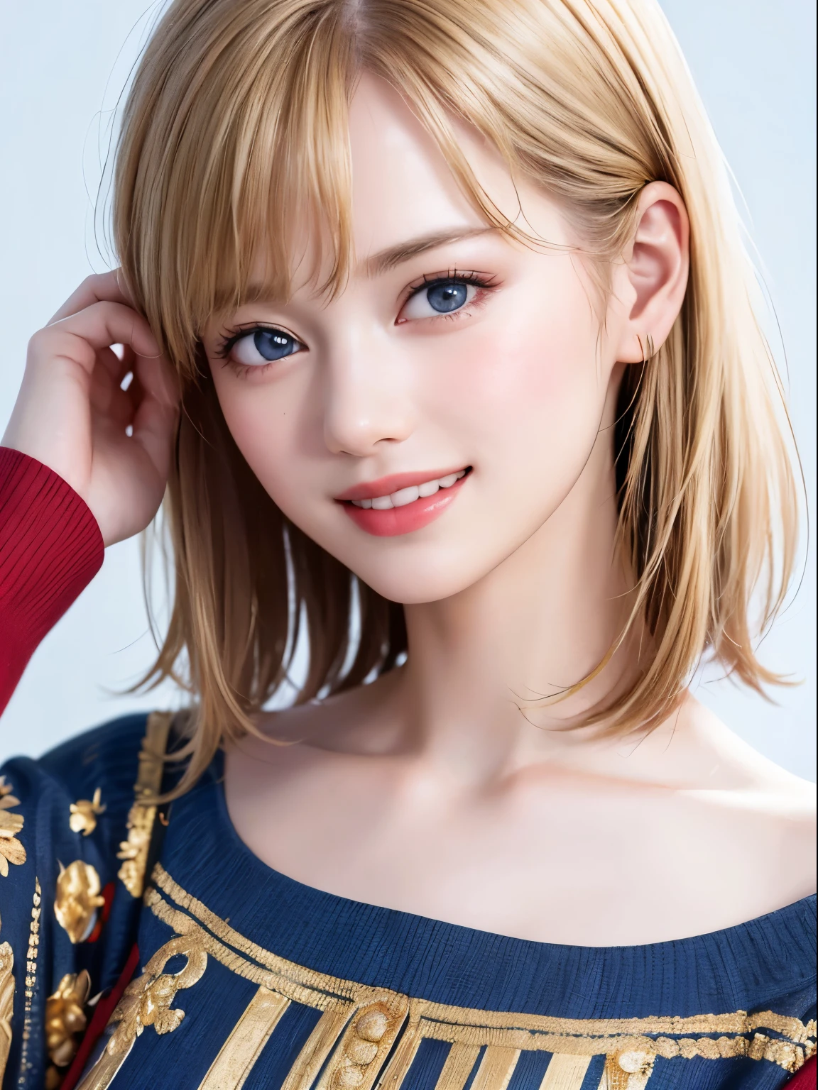 (highest quality、8k、32k、masterpiece)、(RAW Photos)、(Realisticな)、(High resolution)、Very detailedな、Very beautiful face and eyes、One Girl、Round and small face、Delicate body、(close、highest quality、Rich skin detail、highest quality、8k)、Very detailed、(Realistic、Realistic:1.37)、Vibrant colors、(((Laughter)))、(((Golden Hair)))、(((Touching my head with my right hand)))、(((Smiling)))、(((Bust Shot)))、(((White Background)))、((Medium Hair))、(((Pure white wall background)))、(((Blonde)))、(((She is wearing a tricolor T-shirt.)))、(((Red and blue clothes)))、(((Pure white wall background)))、