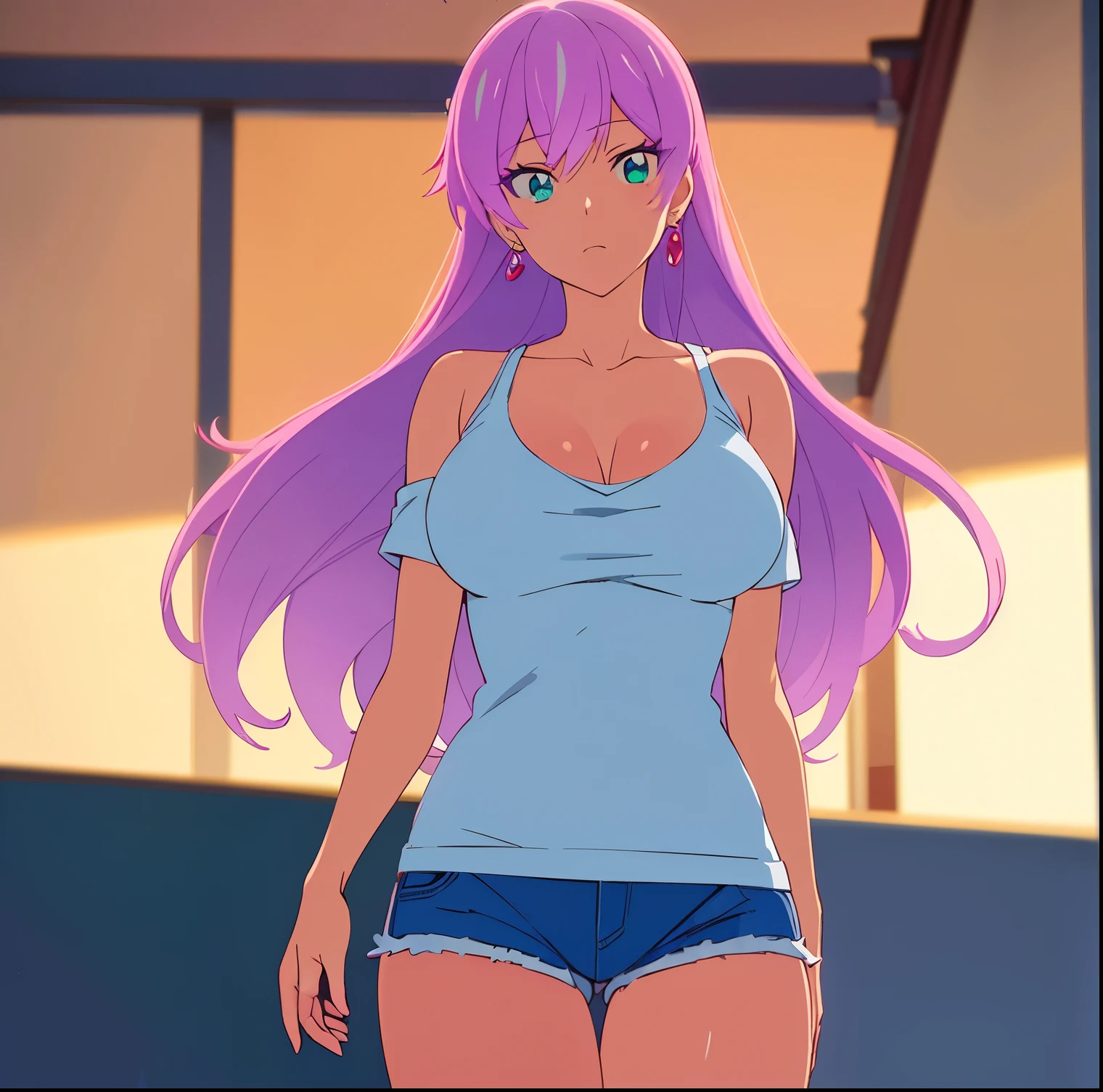 1 girl, alone, Akari Watanabe, long hair, blue eyes, pink hair, thin, earrings, tight titan shirt, white shirt, cleavage, short denim shorts, blue shorts, bare legs, full length, big breasts, waist medium, wide hips, wide thighs, round butt, walking on the street,evening,good lighting,(Masterpiece: 1.2), Best quality, High resolution, 8K wallpaper unit, (art: 0.8), (beautiful eyes detailed: 1.6), Extremely detailed face, facing the viewer, from the front (from below), Perfect lighting, Extremely detailed CG (Perfect hands, Perfect anatomy),