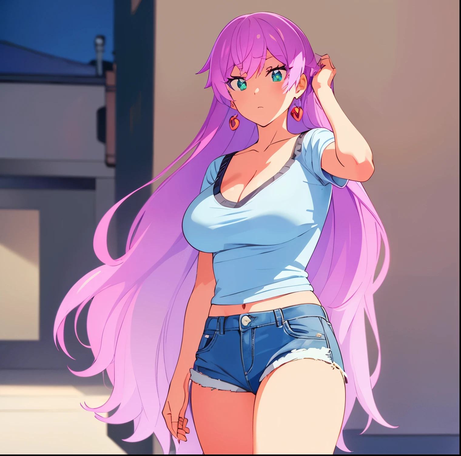 1 girl, alone, Akari Watanabe, long hair, blue eyes, pink hair, thin, earrings, tight titan shirt, white shirt, cleavage, short denim shorts, blue shorts, bare legs, full length, big breasts, waist medium, wide hips, wide thighs, round butt, walking on the street,evening,good lighting,(Masterpiece: 1.2), Best quality, High resolution, 8K wallpaper unit, (art: 0.8), (beautiful eyes detailed: 1.6), Extremely detailed face, facing the viewer, from the front (from below), Perfect lighting, Extremely detailed CG (Perfect hands, Perfect anatomy),