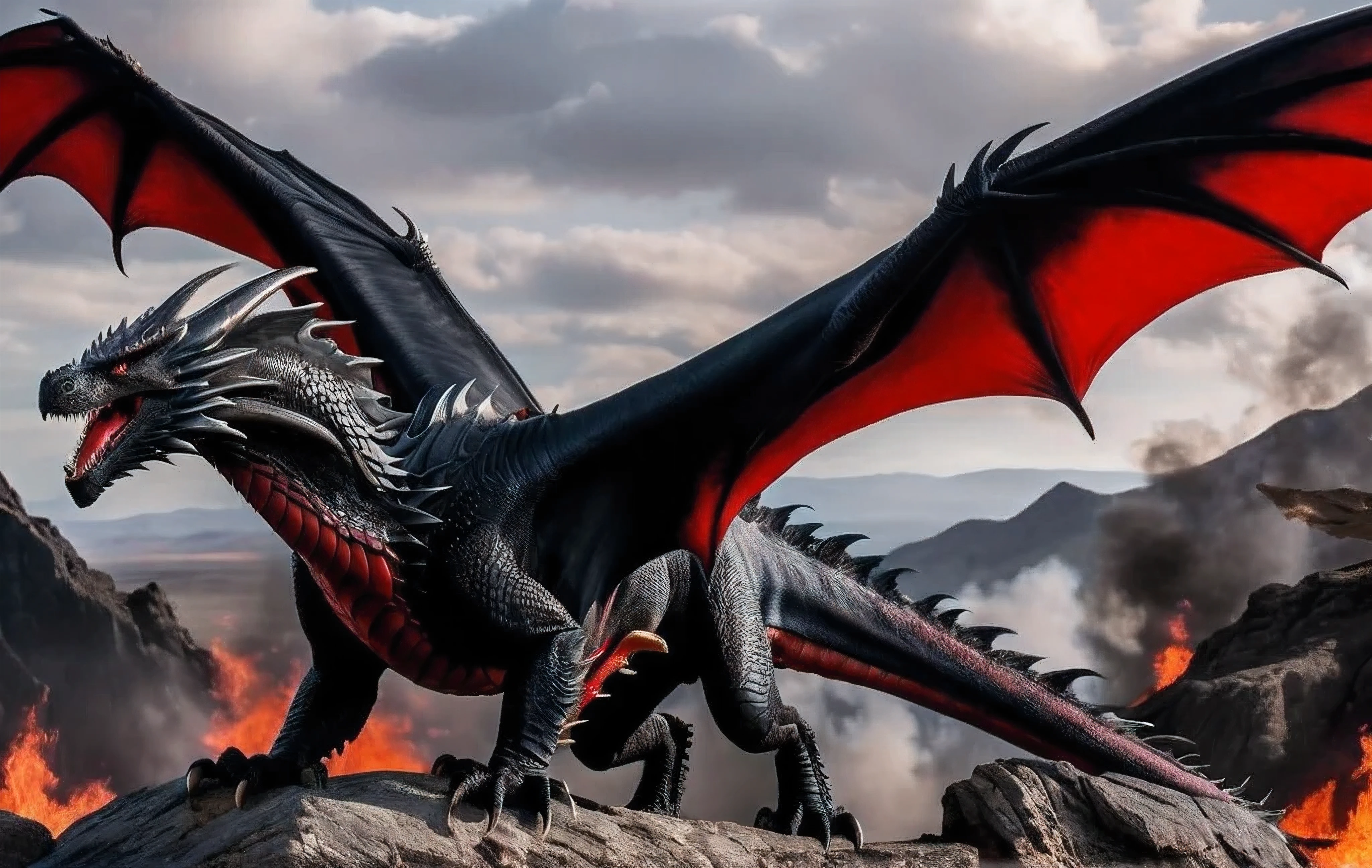 Center Full body shot, best quality, realistic. Drogon is the largest of Targaryen's dragons. His black scales are slashed with streaks of vivid scarlet red. His horns and wings are also scarlet red, and his eyes are red as coals. As typical of dragons, his teeth are black. His flame is black fire shot with red. The span of his wings is three times the length of his body, and most of his body appears to be neck, tail, and wing.