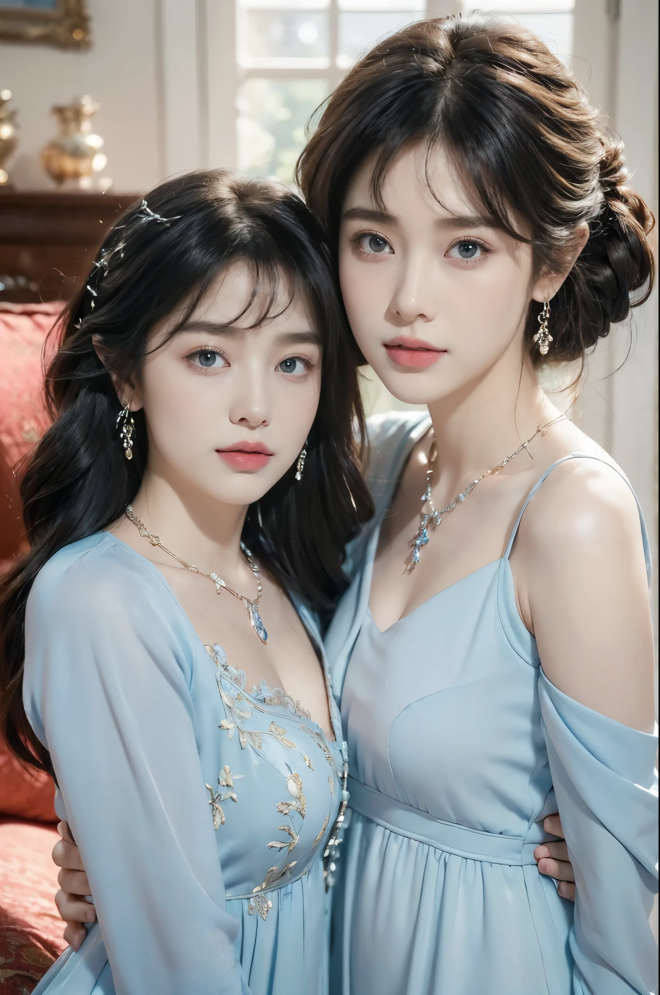 (((8k))),((Extremely meticulous CG)) ,(wallpaper),(Portrait above the chest:1.5),16k,((Extremely refined and beautiful)),(((Masterpiece))),(((best qualtiy))),(((Ultra High Resolution))),beautiful light up,realistic shaded,(Smooth and flawless fair skin:1.5),(pale skin:1.3),(Extremely exquisite facial details:1.2),(perfect body:1.2),(ultra-detailed:1.2),(30-year-old mother and 2-year-old daughter:1.5),(woman and little baby:1.5),(small head:1.2),(medium straight bob hair:1.2),(bangs:1.5),(small face:1.2),(baby face:1.3),(Exquisite makeup:1.2),(((slim,thin))),(happy:1.2),(laughing:1.2),(earrings:1.2),(crystal necklace:1.3),(collar:1.3),(blue dress:1.5),(sleeves:1.3),(day scene:1.5),(indoor:1.2),(in the living room:1.5),(detailed background:1.5),(standing:1.3),(arms behind back:1.3),(close-up of face:1.3),(from front:1.3)