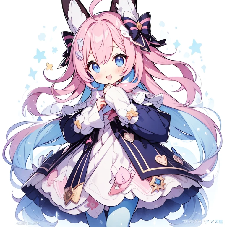 One girl, animal ears, Pink Hair, Long Hair, Rabbit, Open your mouth, smile, Rabbit ears, bow, alone, White Background, dress, pantyhose, wall, blue eyes, Displaying the viewer, :is, whole body, Simple Background, Manicure, Striped, Holding, Raise your arms, Say goodbye to hair accessories, Hairstyle, Long sleeve, ふくらんis袖, Watercolor shoes, shoes, Blue footwear, Jump, animal, blush, Argyle, star (symbol), Holding a walking stick, とてもLong Hair, ribbon,