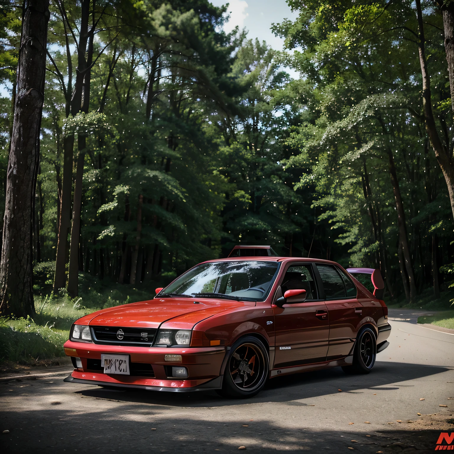 Nissan Tsuru 2014 red car with black hood and air intake with wide Asian drift body kit on the sides parked on a wooded road with Asian drift style and wide compacts with spoilers