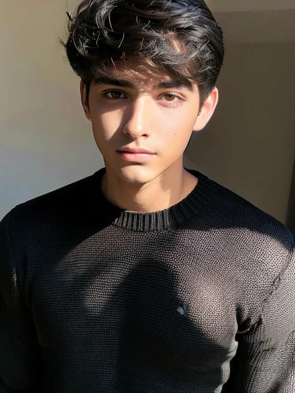 18 year old man in black sweater, piel morena, cabello negro ondulado