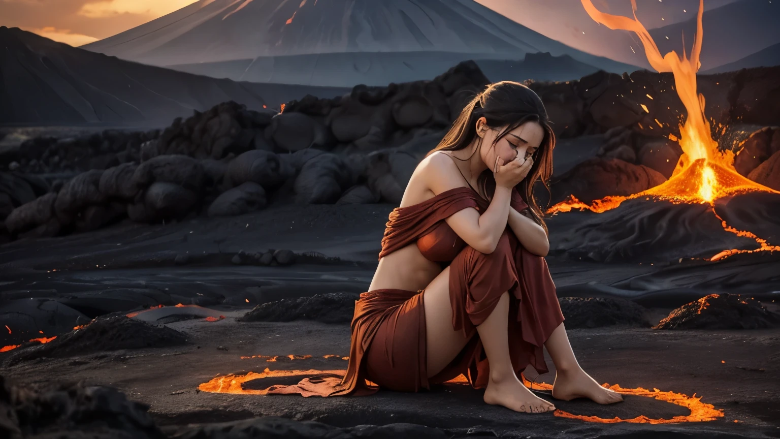 Pompeii，Beautiful girl hugs her knees and sits in the volcanic lava,Surrounded by magma，Facing the volcano，Frightened expression，Clothes slipping off，Off-shoulder，1/2 side faces，Half sideways，Eyes on the volcano，Shed tears，Cry，High Angle Shot