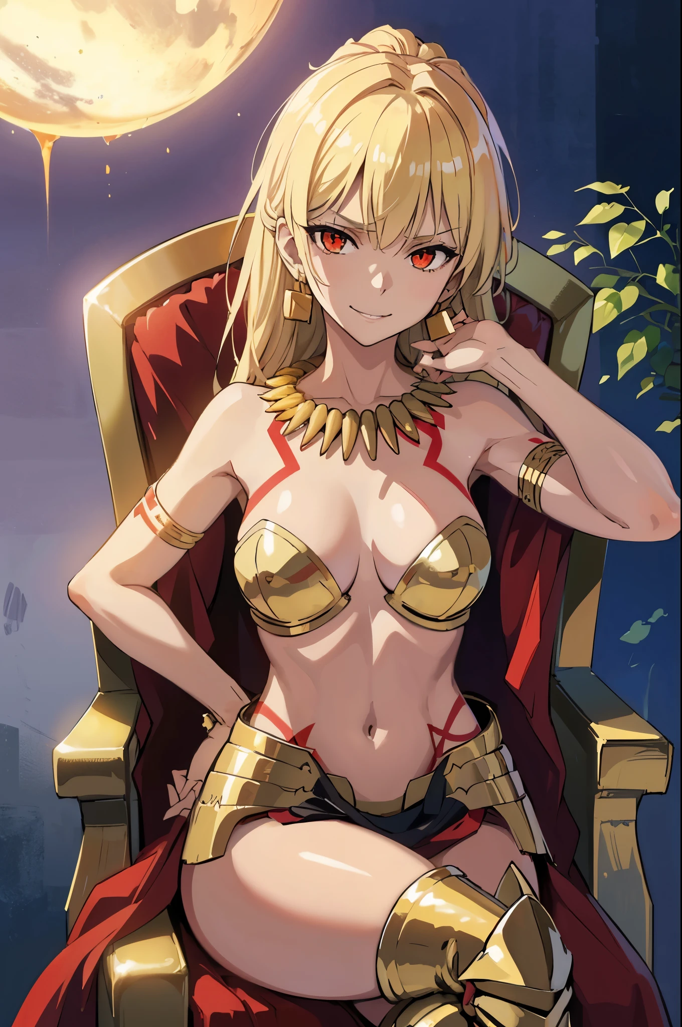 (masterpiece, best quality:1.2), expressive eyes, perfect face, highres, 1girl, solo, (female:1.5), GilgameshTopless, long hair, blonde hair, red eyes, jewelry, earrings, necklace, armor, tattoo, gold armor, backlit head tilt, smirk,glowing, smile, (golden bra), head tilt, smirk, throne, seated on the throne, (crossed legs:1.2),(head resting on hand:1.2), portrait, looking at the viewer
