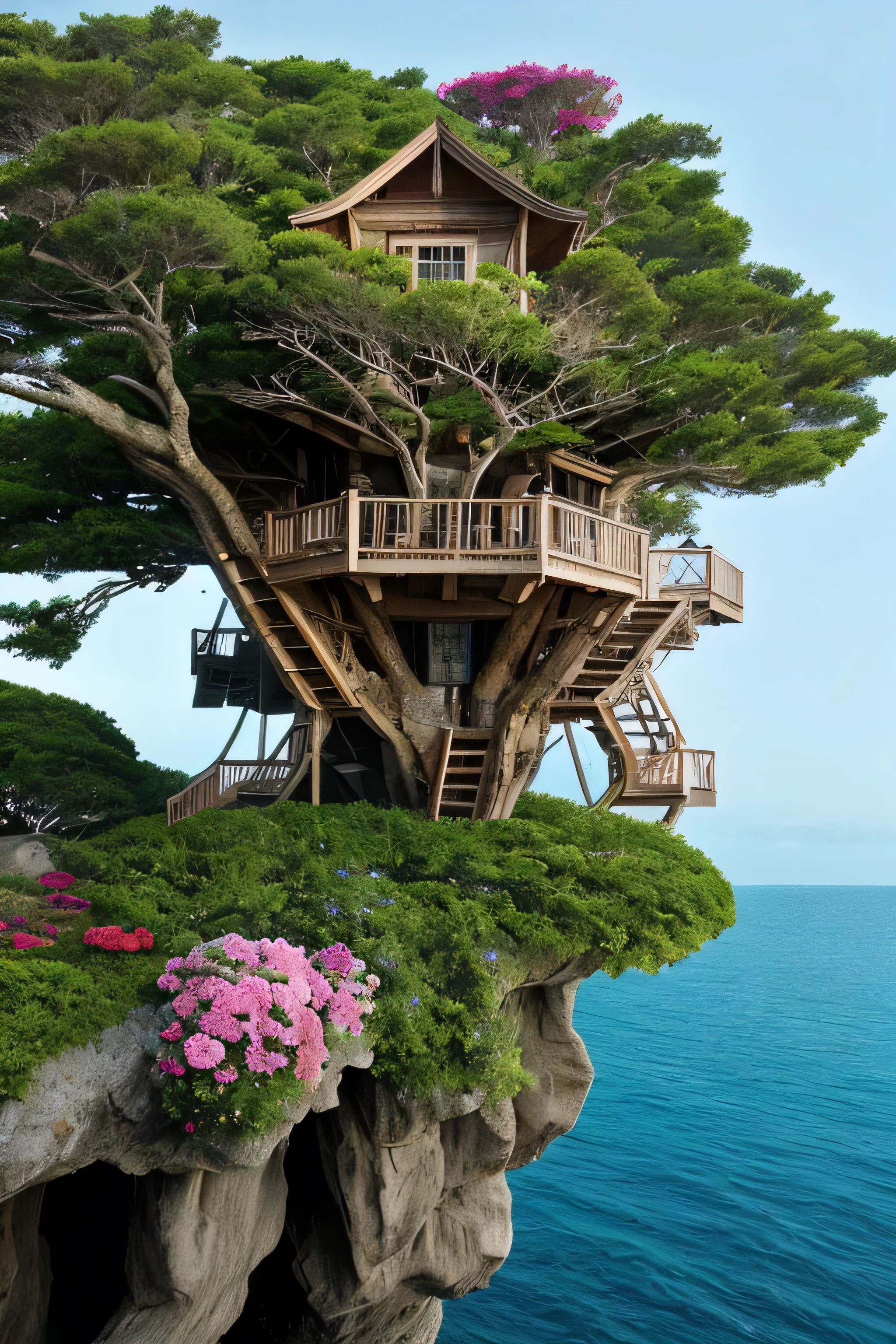 Perfection The Coolest tree house on a large rock in the middle of the sea with flowers in front of the house and trees on both sides of the house