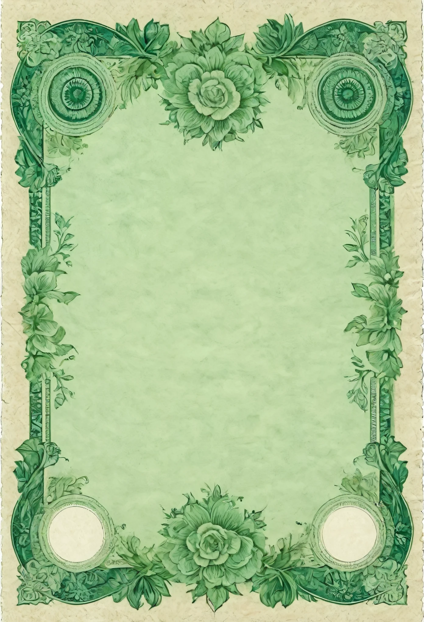 a green and white certificate with a floral design, guilloche,detalles maravillosos, gofrados, autenticidad, billete de banco, oriental, dollar bill, gran borde blanco, borde de papel, Border pattern, decorativo border, zoomed view of a billete de banco, decorativo, 10k, verde pastel, Giro de vuelta, Horizontal, armonioso, brocade, borde adornado, borde azul, High Definition, muy detallada amplia