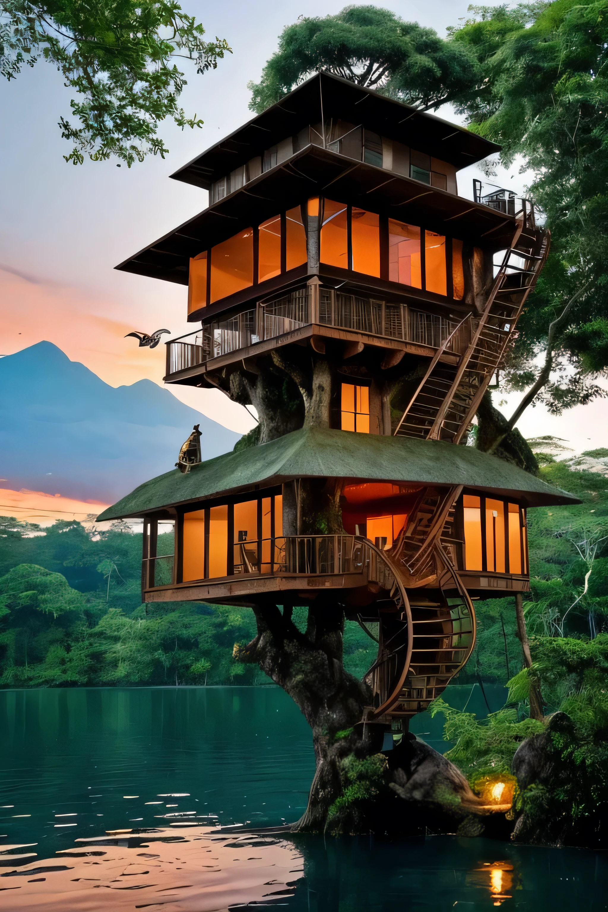 Perfection The Coolest Tree house on a large rock in the middle of the lake in the jungle with sunset, waterfall, bird flying, airroplan flying flowers in front of the house and trees on both sides of the house