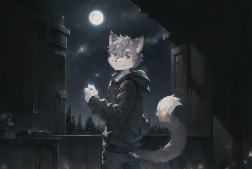(Starry_Sky, moon, new moon_moon, night_Sky, night, shooting_Star, Sky, galaxy, Starry_Sky_Print), male_key point,Broken black cube,hairy, 1 boy,solitary, (detailed_background,amazing_background),Gray fur, Cat Boy, Black Hoodie, Cat's Tail,(Many Tails), Gray eyes, White hair,detailed face,detailed eyes,Head tilt, from the side, SFW,