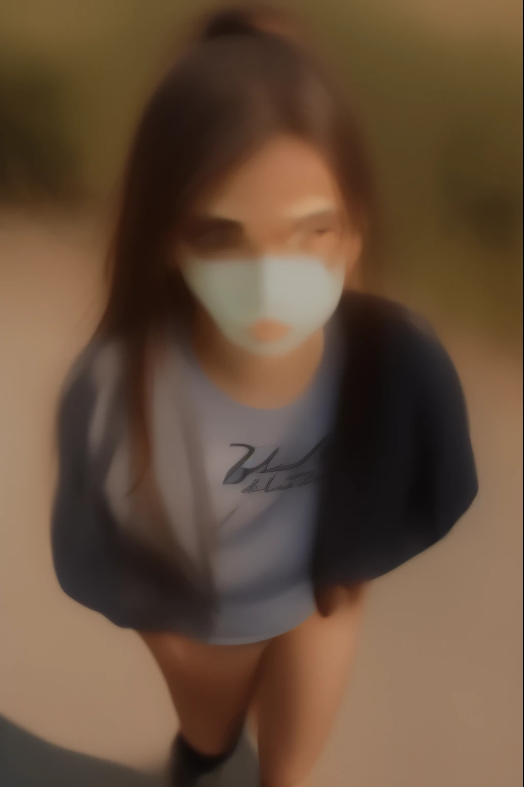 Una chica, super model, solo, pelo negro, pelo largo, flequillo contundente, blue eyes, labios, pechos grandes, escote, ombligo, gargantilla, chaqueta negra, chaqueta abierta, Camiseta sin mangas, shorts cortos, muslos, parte superior del cuerpo, mirando al espectador, caminando, manos en los bolsillos, film grain, (desde arriba), >,